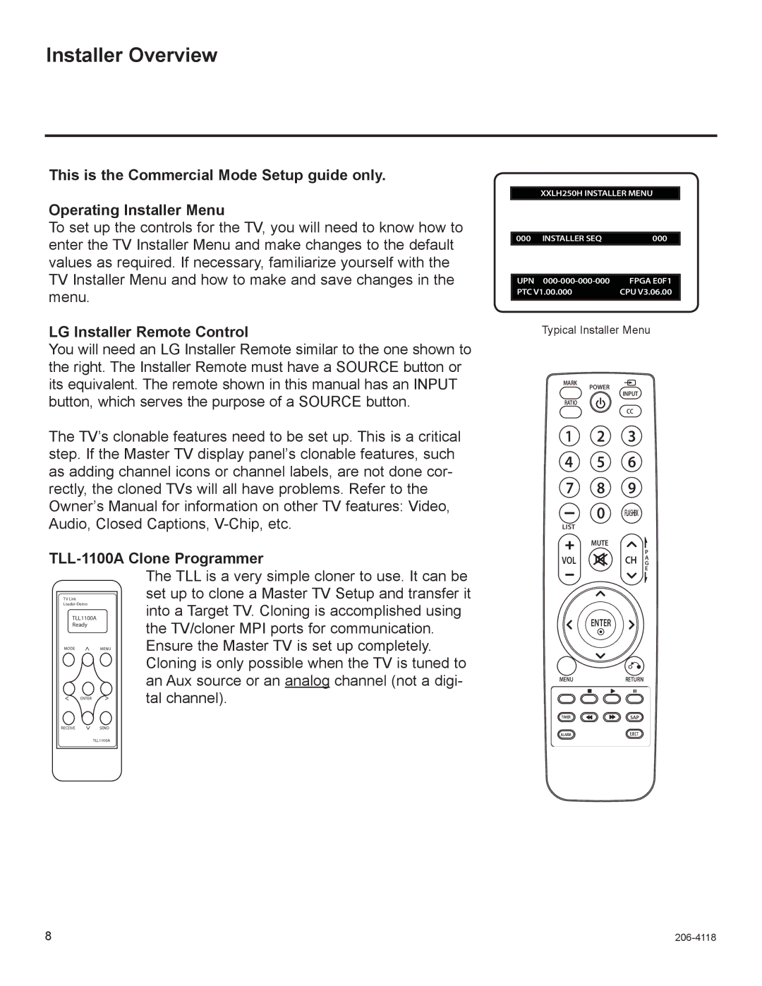 LG Electronics 32LH255H, 42LH255H, 42LH260H Installer Overview, LG Installer Remote Control, TLL-1100A Clone Programmer 