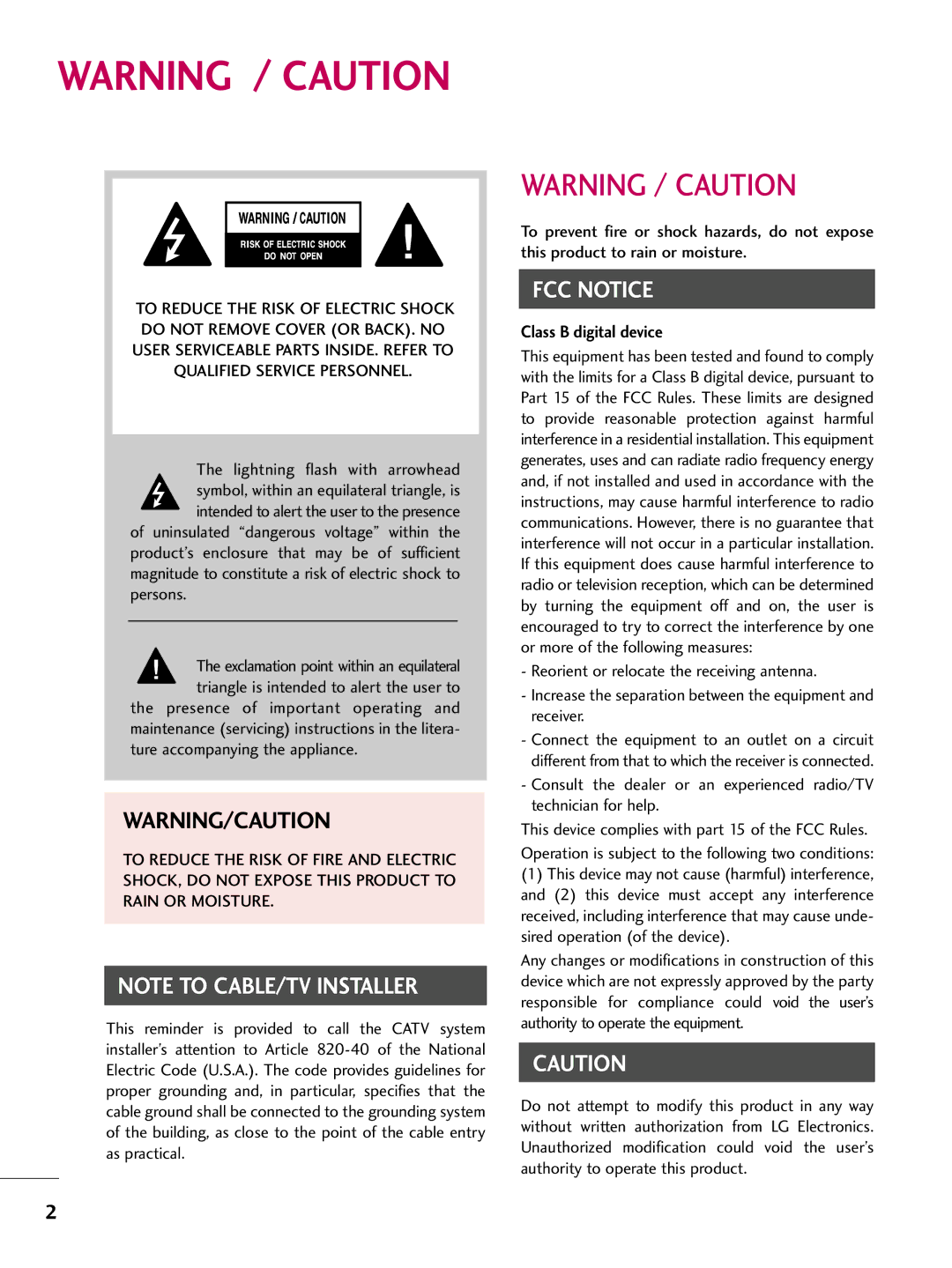 LG Electronics 37LH200C, 42LH300C, 42LH200C, 26LH200C, 26LH210C, 32LH210C, 32LH200C, 47LH300C owner manual FCC Notice 