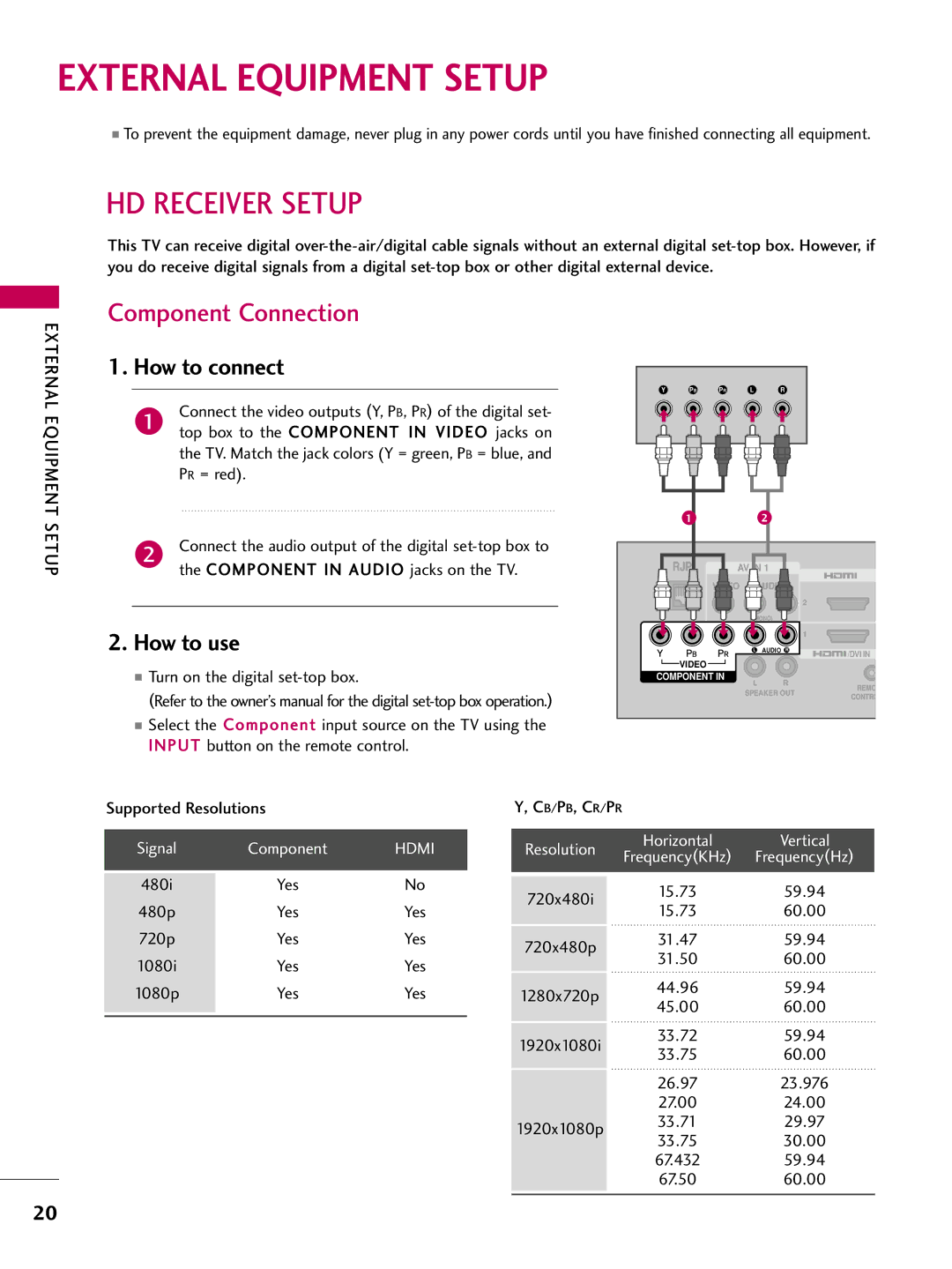 LG Electronics 26LH210C External Equipment Setup, HD Receiver Setup, Component Connection, How to connect, How to use 