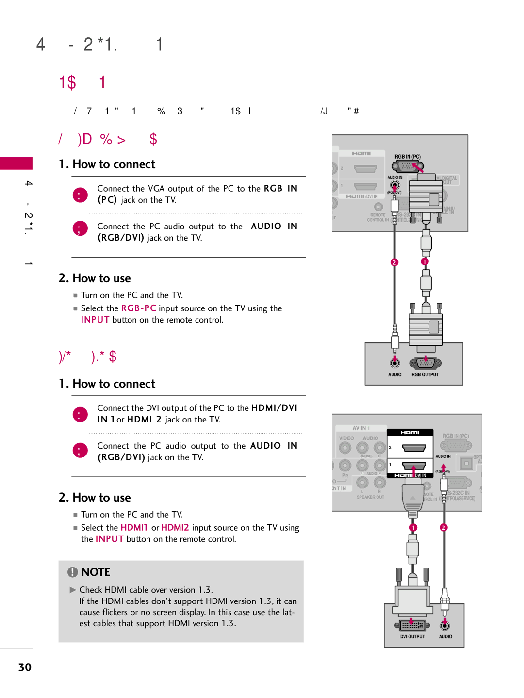 LG Electronics 32LH200C, 42LH300C, 42LH200C, 37LH200C, 26LH200C, 26LH210C, 32LH210C PC Setup, VGA D-Sub 15 pin Connection 