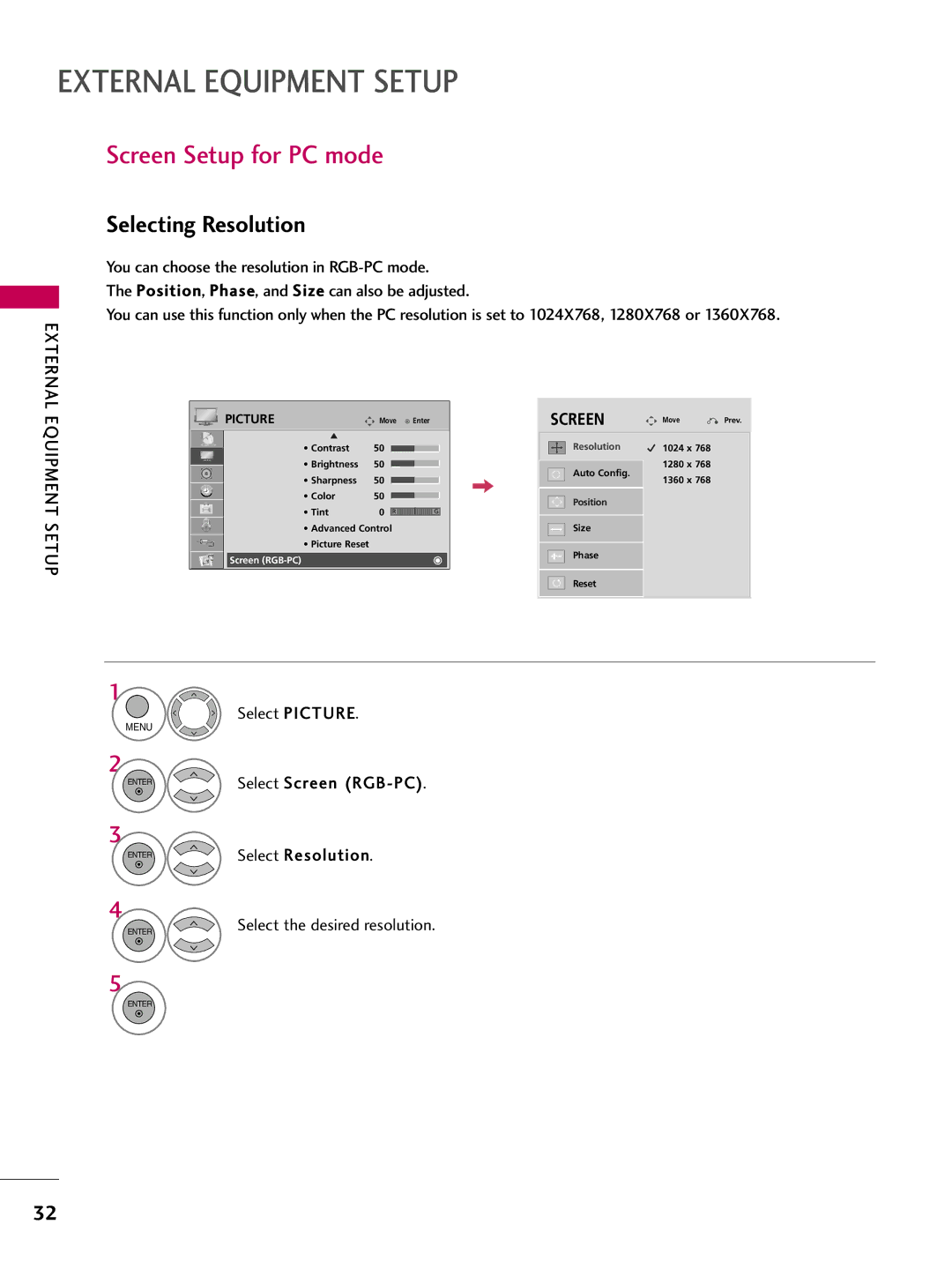 LG Electronics 42LH300C, 42LH200C Screen Setup for PC mode, Selecting Resolution, Select Picture, Select Screen RGB-PC 