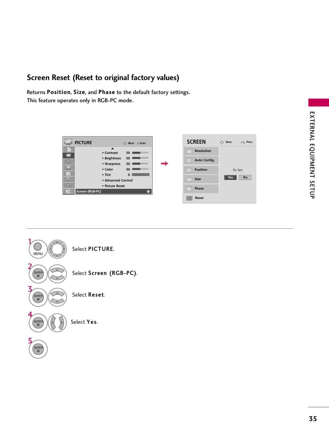 LG Electronics 26LH200C, 42LH300C, 42LH200C, 37LH200C Screen Reset Reset to original factory values, Enter Select Reset 