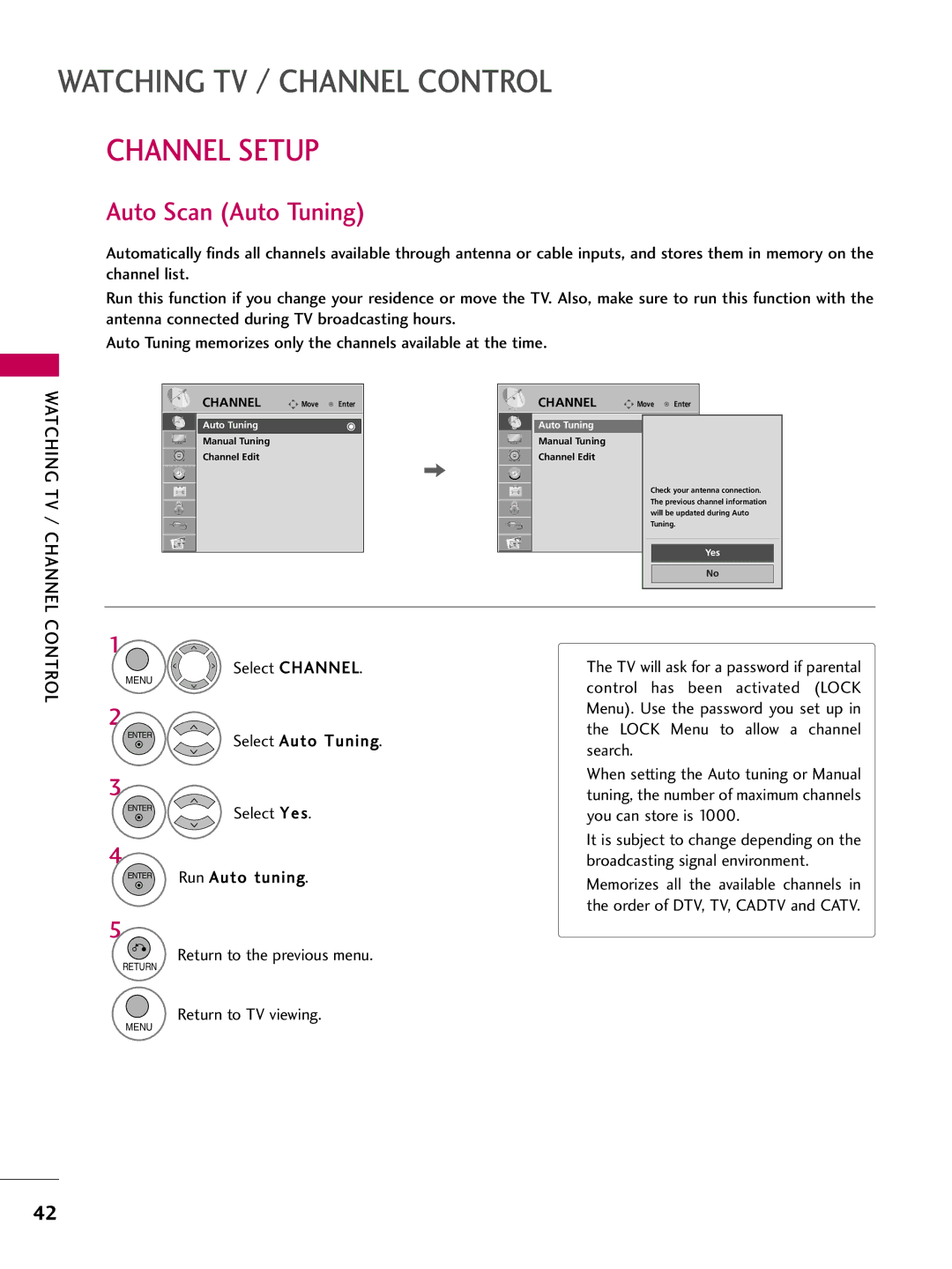 LG Electronics 37LH200C, 42LH300C, 42LH200C Channel Setup, Auto Scan Auto Tuning, Select Channel, Select Auto Tuning 