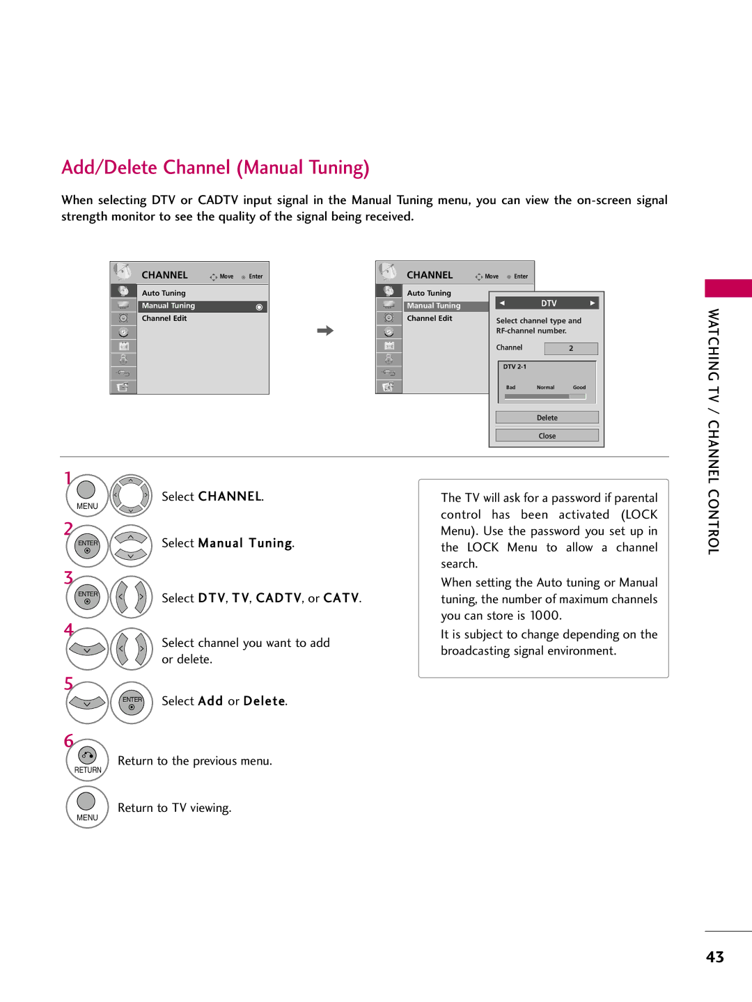 LG Electronics 26LH200C, 42LH300C, 42LH200C, 37LH200C, 26LH210C Add/Delete Channel Manual Tuning, Select Add or Delete 