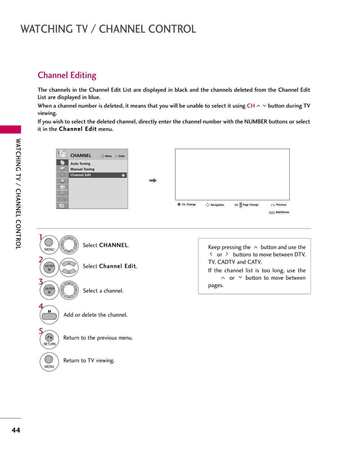 LG Electronics 26LH210C, 42LH300C, 42LH200C, 37LH200C, 26LH200C, 32LH210C, 32LH200C, 47LH300C owner manual Channel Editing 