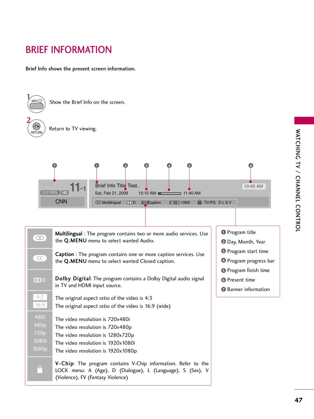 LG Electronics 47LH300C, 42LH300C, 42LH200C, 37LH200C Brief Information, Brief Info shows the present screen information 