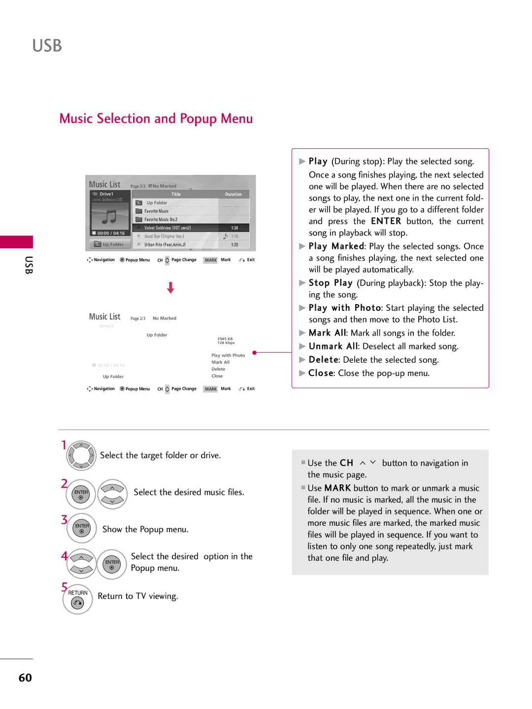 LG Electronics 26LH210C, 42LH300C, 42LH200C Music Selection and Popup Menu, Use the CH button to navigation in the music 