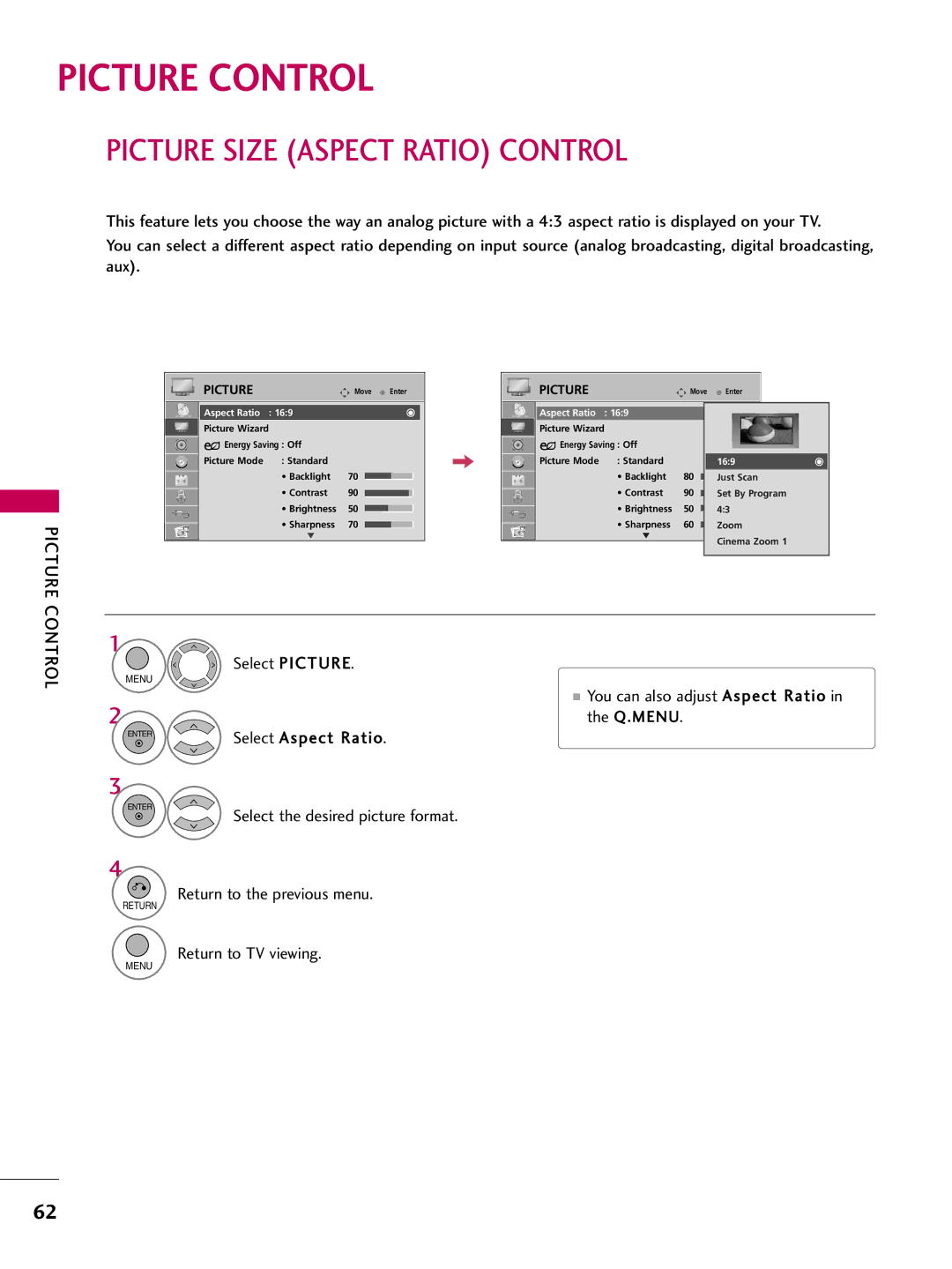 LG Electronics 32LH200C, 42LH300C, 42LH200C, 37LH200C Picture Control, Picture Size Aspect Ratio Control, Aspect Ratio 169 