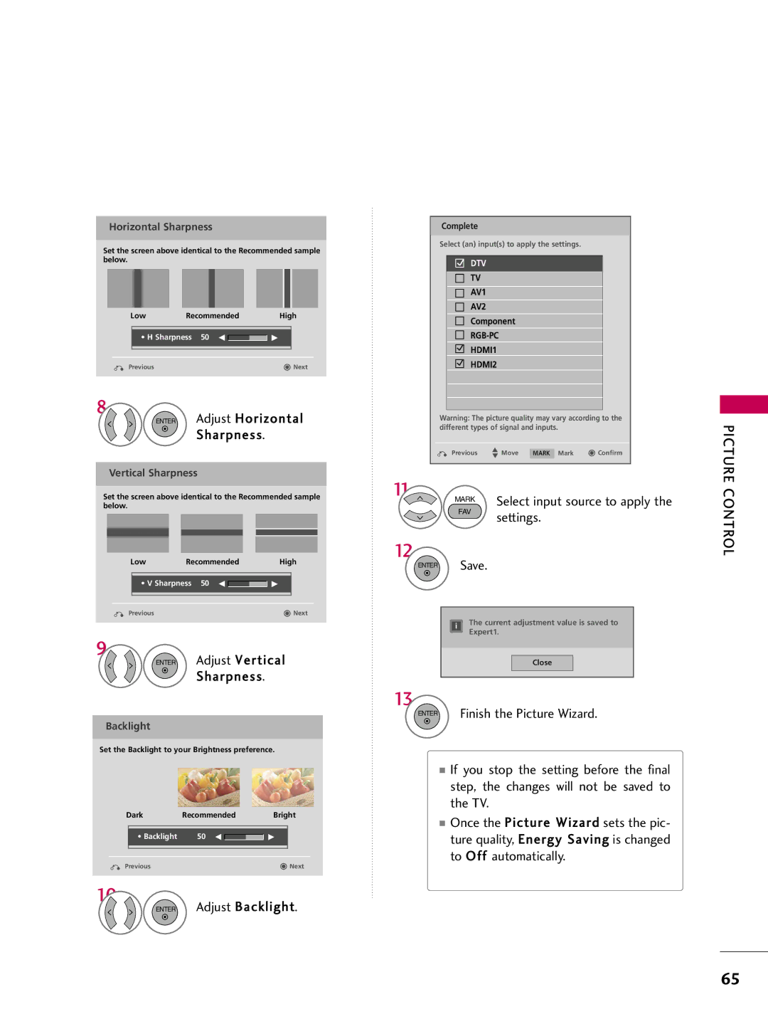 LG Electronics 42LH200C, 42LH300C, 37LH200C Enter Adjust Horizontal Sharpness, Select input source to apply, Settings 