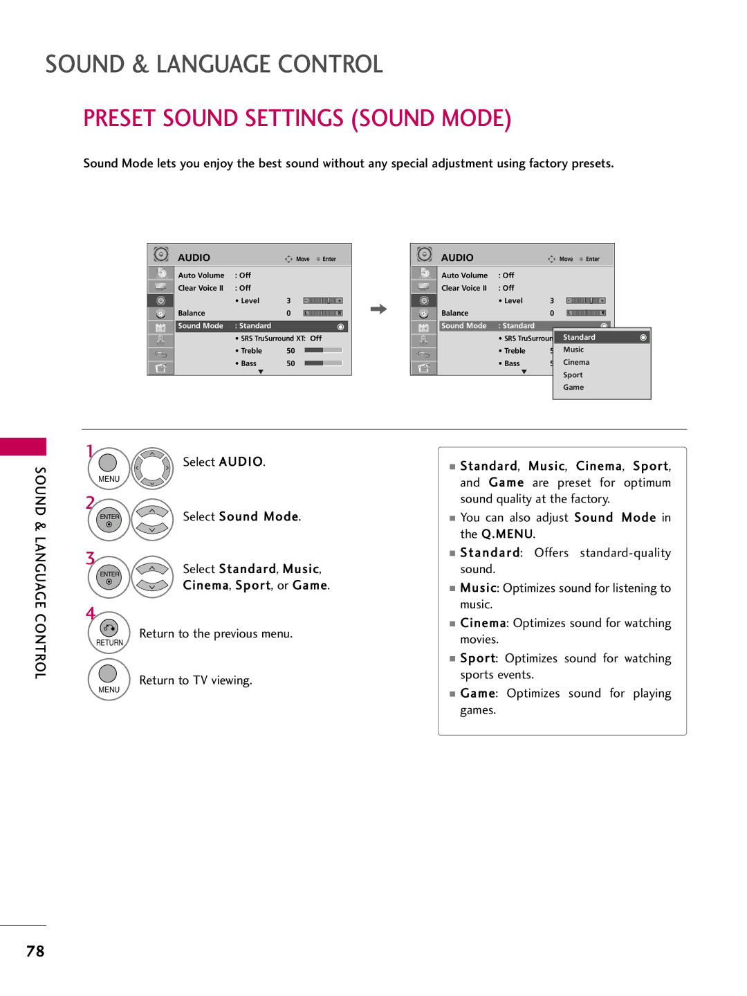 LG Electronics 32LH200C Preset Sound Settings Sound Mode, Select Sound Mode, Select Standard, Music, Sound Mode Standard 