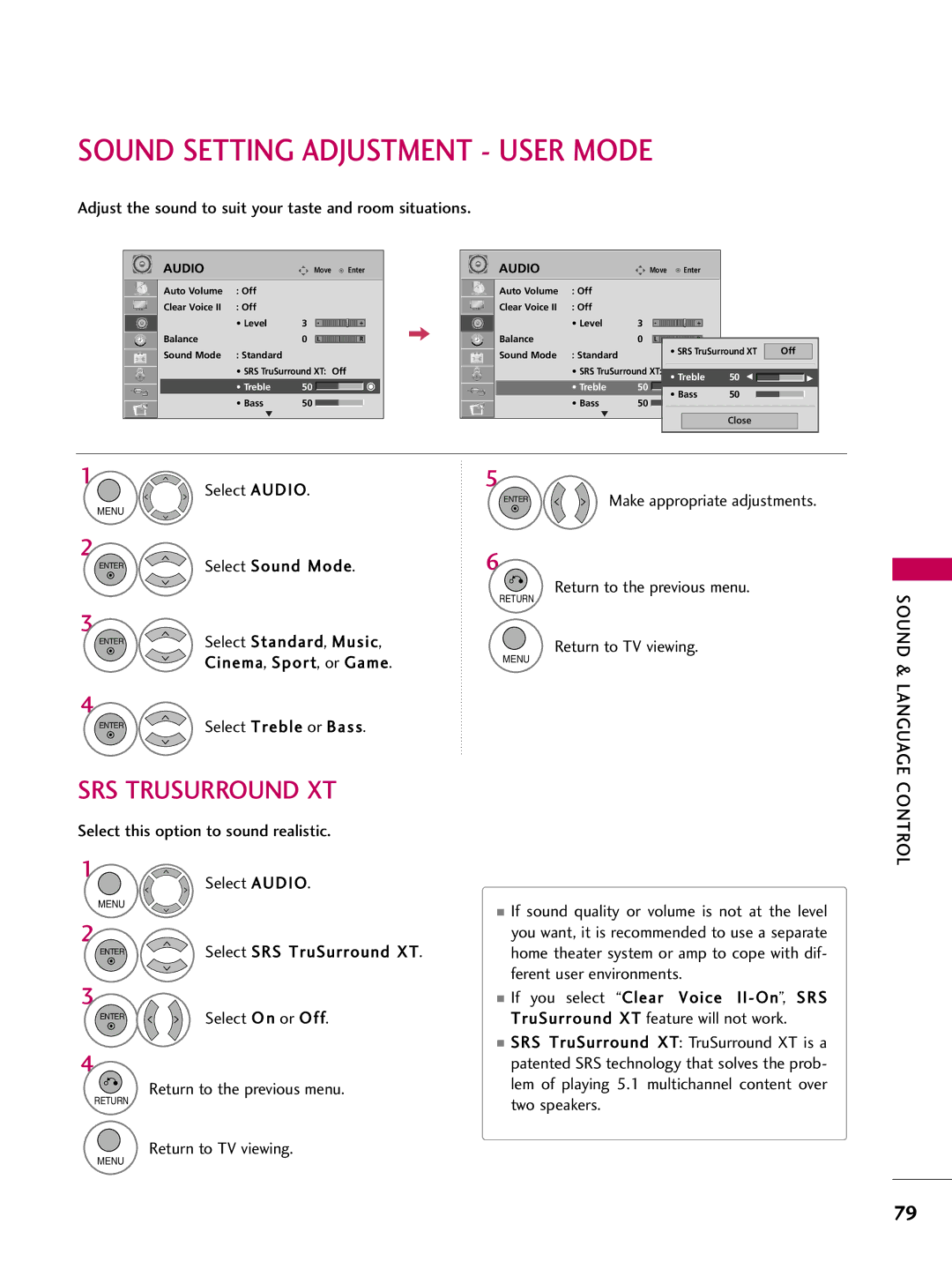 LG Electronics 47LH300C Sound Setting Adjustment User Mode, Adjust the sound to suit your taste and room situations 