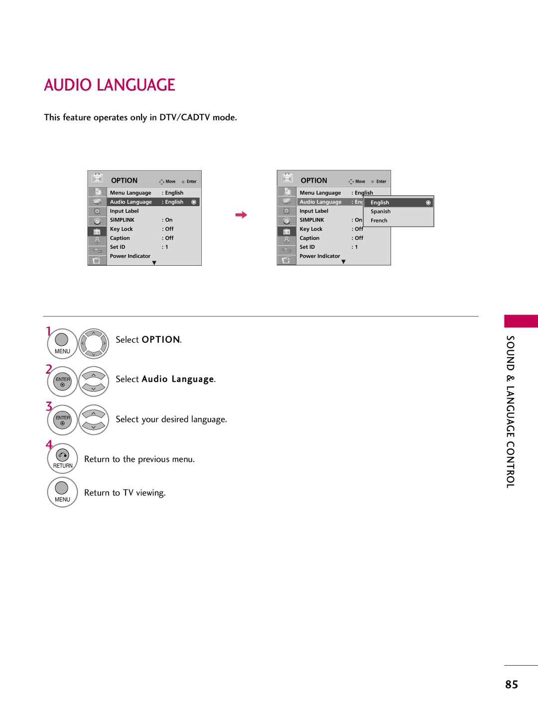 LG Electronics 32LH210C, 42LH300C, 42LH200C This feature operates only in DTV/CADTV mode, Audio Language English 