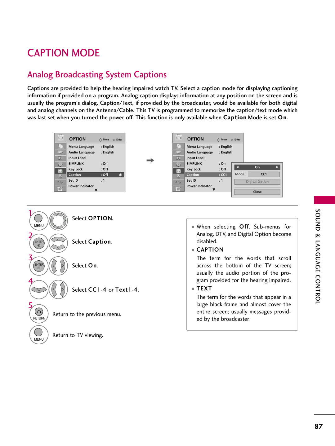 LG Electronics 47LH300C, 42LH300C, 42LH200C Caption Mode, Analog Broadcasting System Captions, Text, Caption Off CC1 