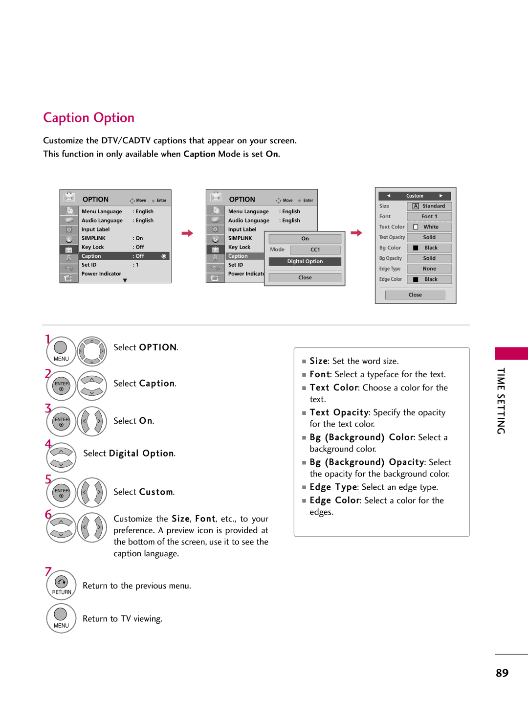 LG Electronics 42LH200C, 42LH300C, 37LH200C, 26LH200C Caption Option, Time Setting, Caption Off Digital Option, Custom 