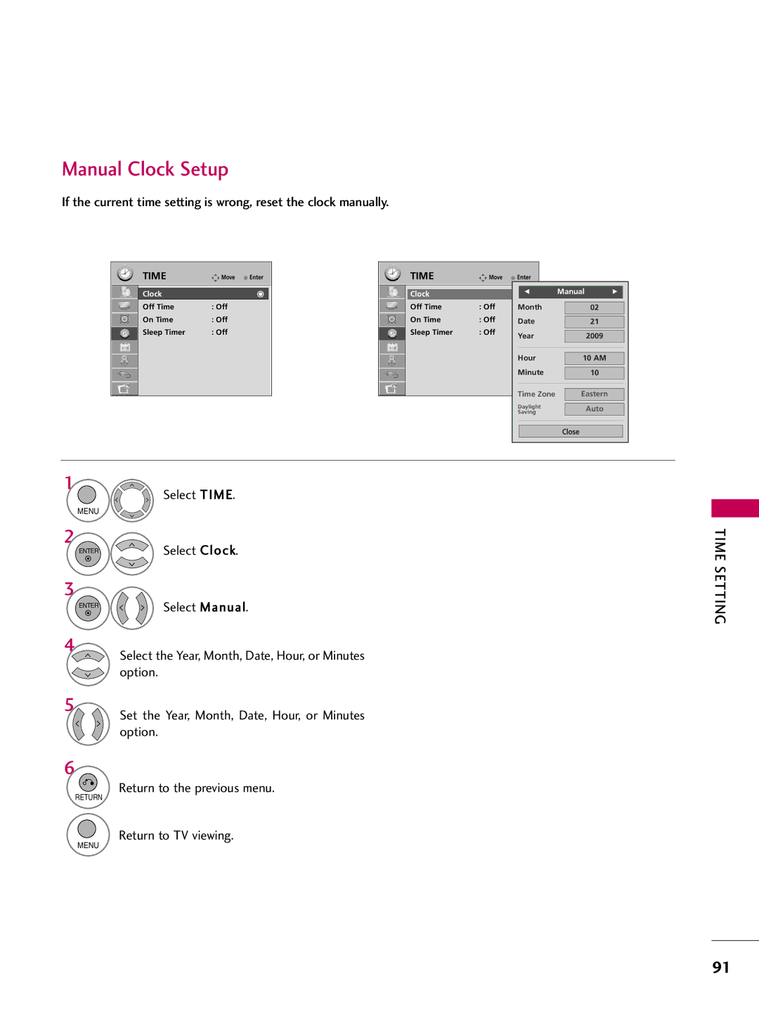 LG Electronics 26LH200C, 42LH300C, 42LH200C, 37LH200C, 26LH210C, 32LH210C, 32LH200C, 47LH300C Manual Clock Setup, Clock Manual 