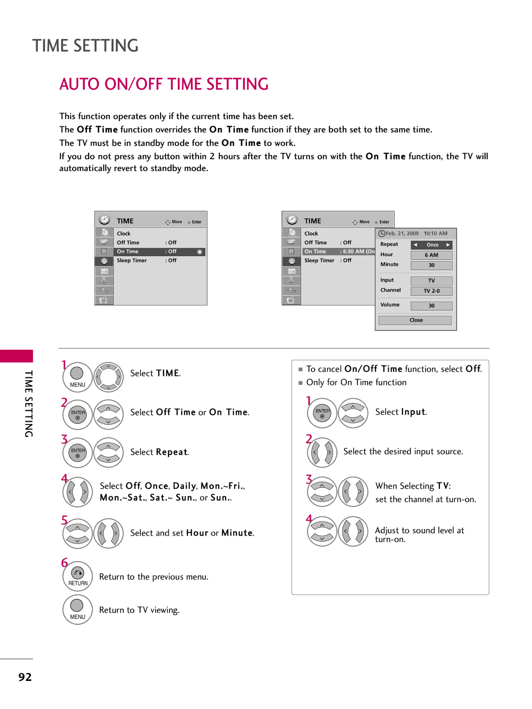 LG Electronics 26LH210C, 42LH300C, 42LH200C Auto ON/OFF Time Setting, Select Off Time or On, Once G On Time Off AM Once 