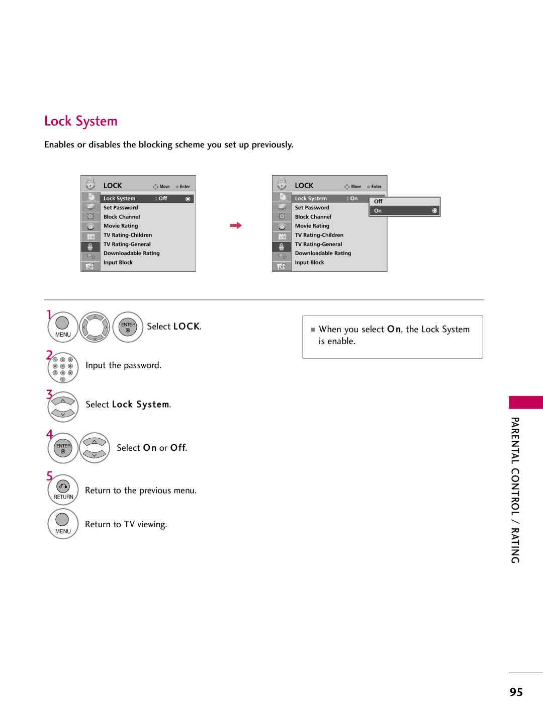 LG Electronics 47LH300C, 42LH300C, 42LH200C, 37LH200C, 26LH200C, 26LH210C Is enable, Select Lock System, Lock System Off 