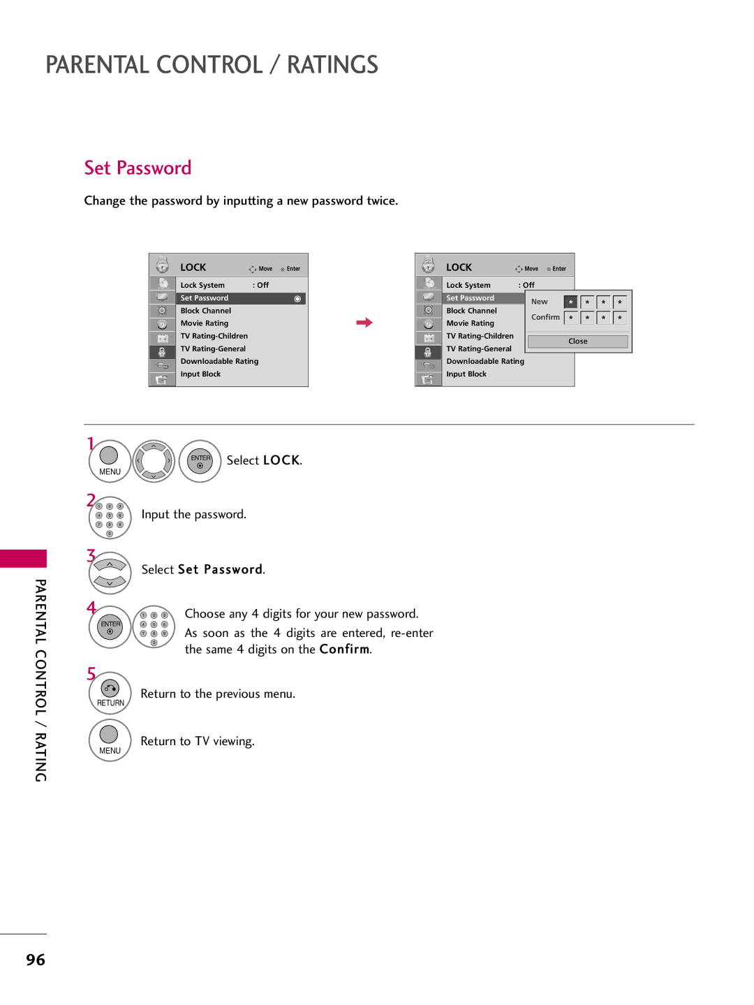 LG Electronics 42LH300C, 42LH200C, 37LH200C Set Password, Change the password by inputting a new password twice, Parental 