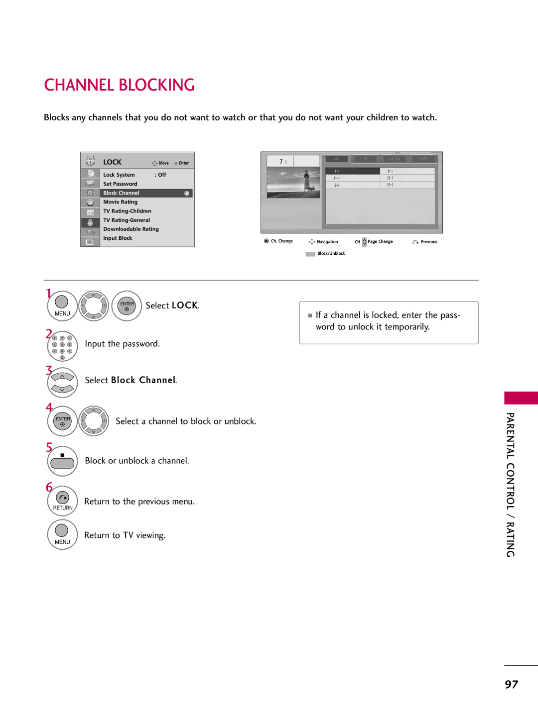 LG Electronics 42LH200C, 42LH300C, 37LH200C, 26LH200C Channel Blocking, Word to unlock it temporarily, Block Channel 