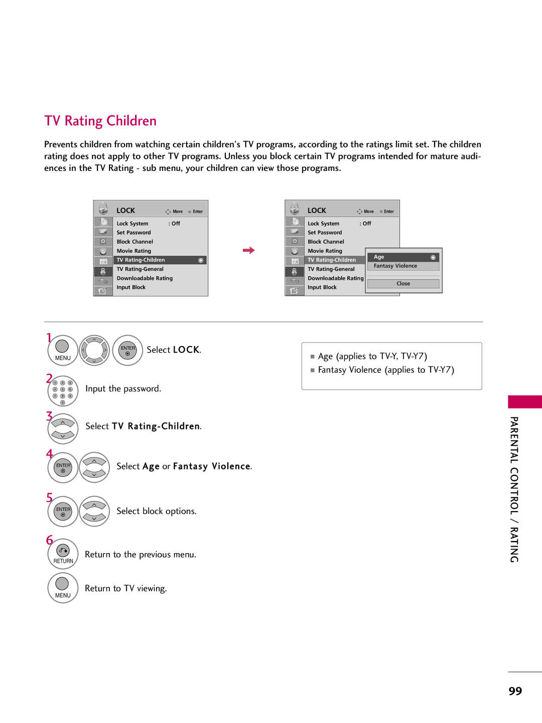 LG Electronics 26LH200C, 42LH300C, 42LH200C TV Rating Children, Select Lock Age applies to TV-Y, TV-Y7, TV Rating-Children 