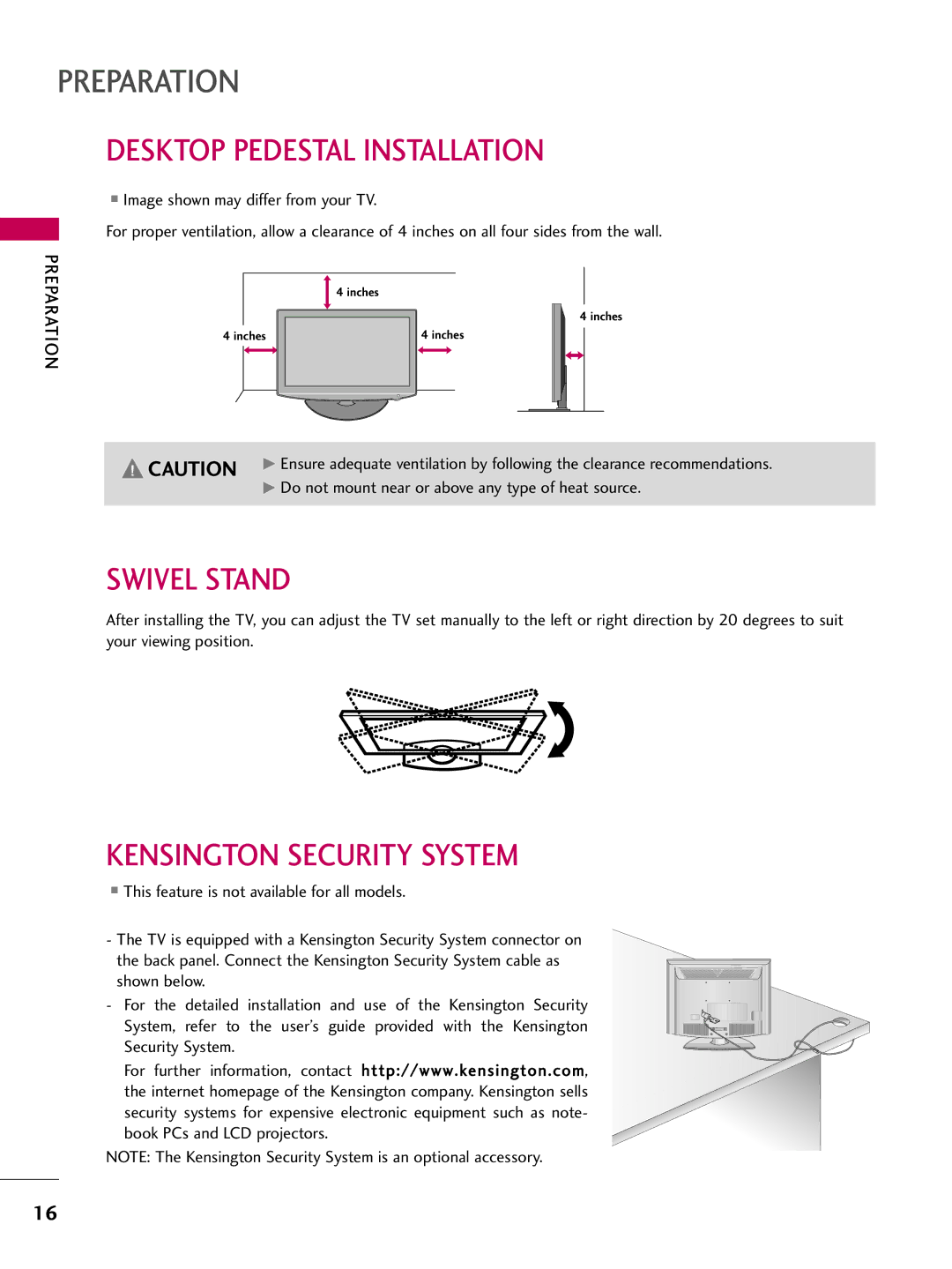 LG Electronics 42LH300C, 42LH200C, 37LH200C Desktop Pedestal Installation, Swivel Stand, Kensington Security System 