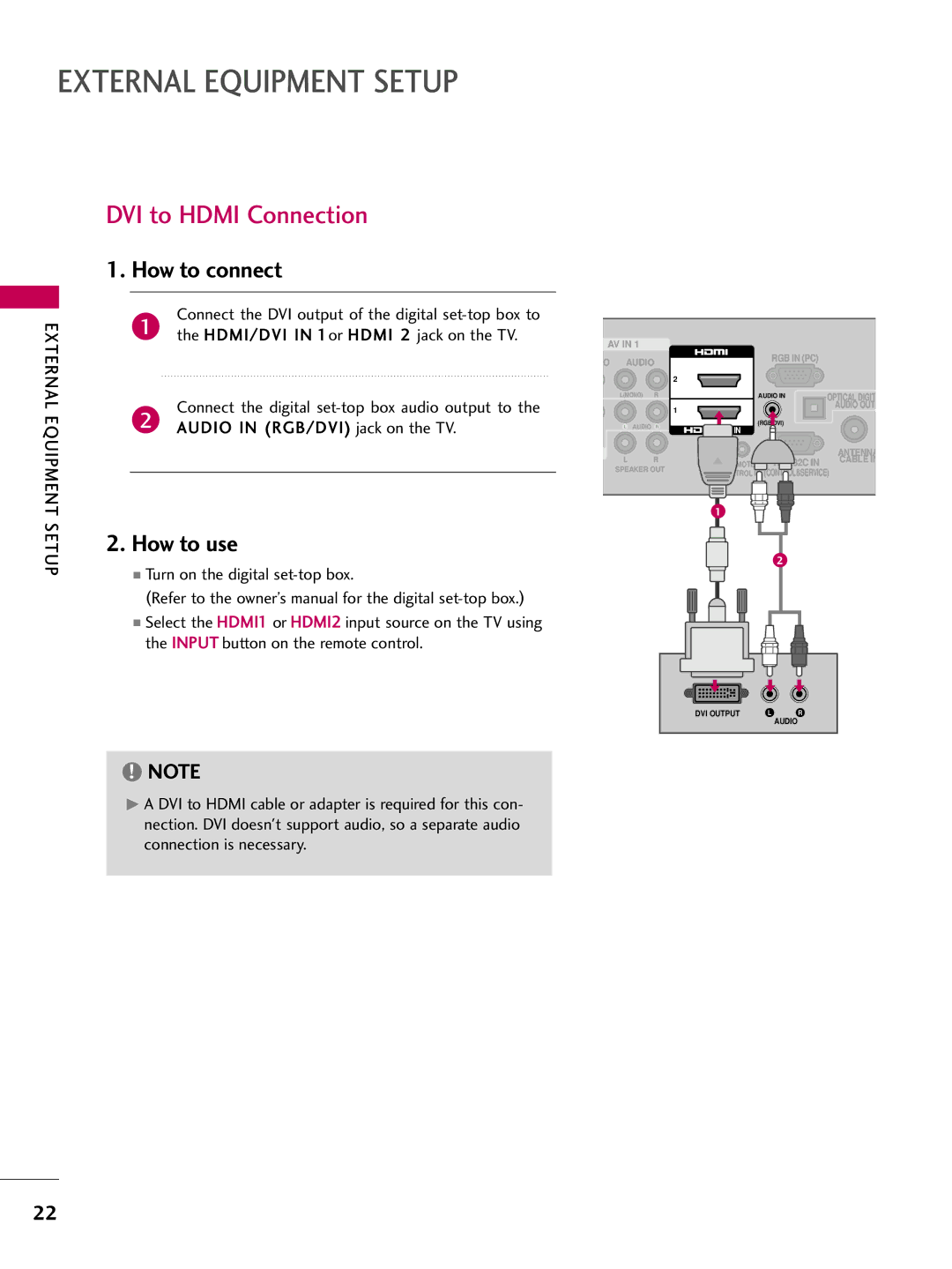 LG Electronics 32LH200C, 42LH300C DVI to Hdmi Connection, External Equipment, Audio in RGB/DVI jack on the TV, Setup 