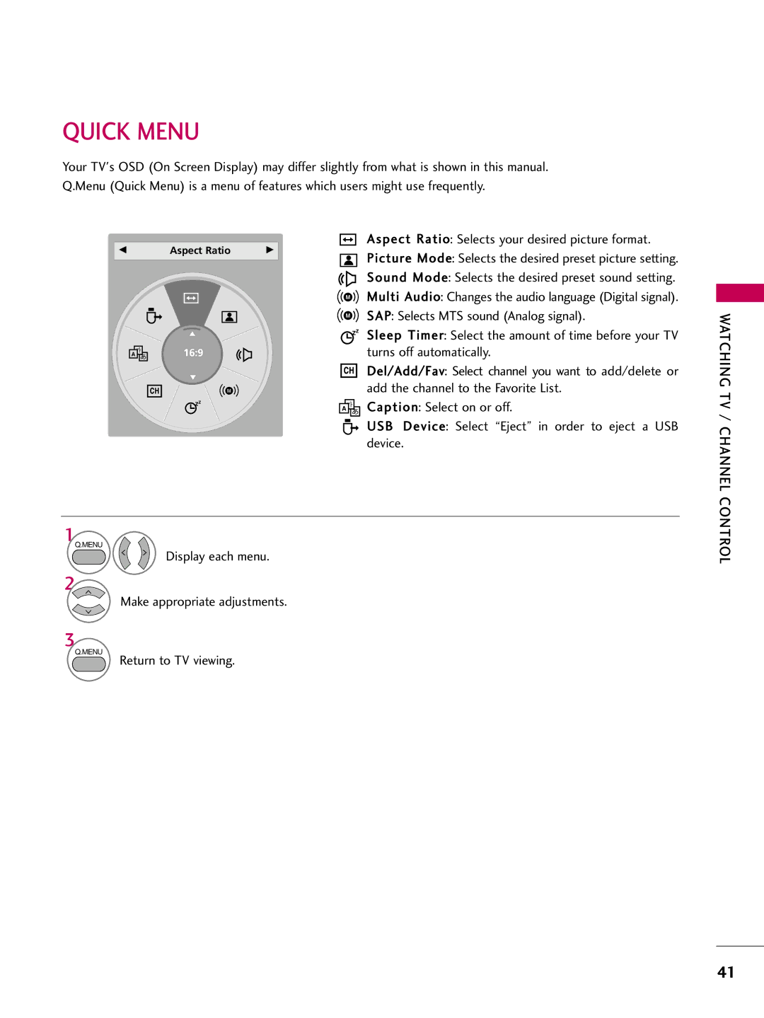 LG Electronics 42LH200C, 42LH300C Quick Menu, Display each menu Make appropriate adjustments, TV / Channel Control 