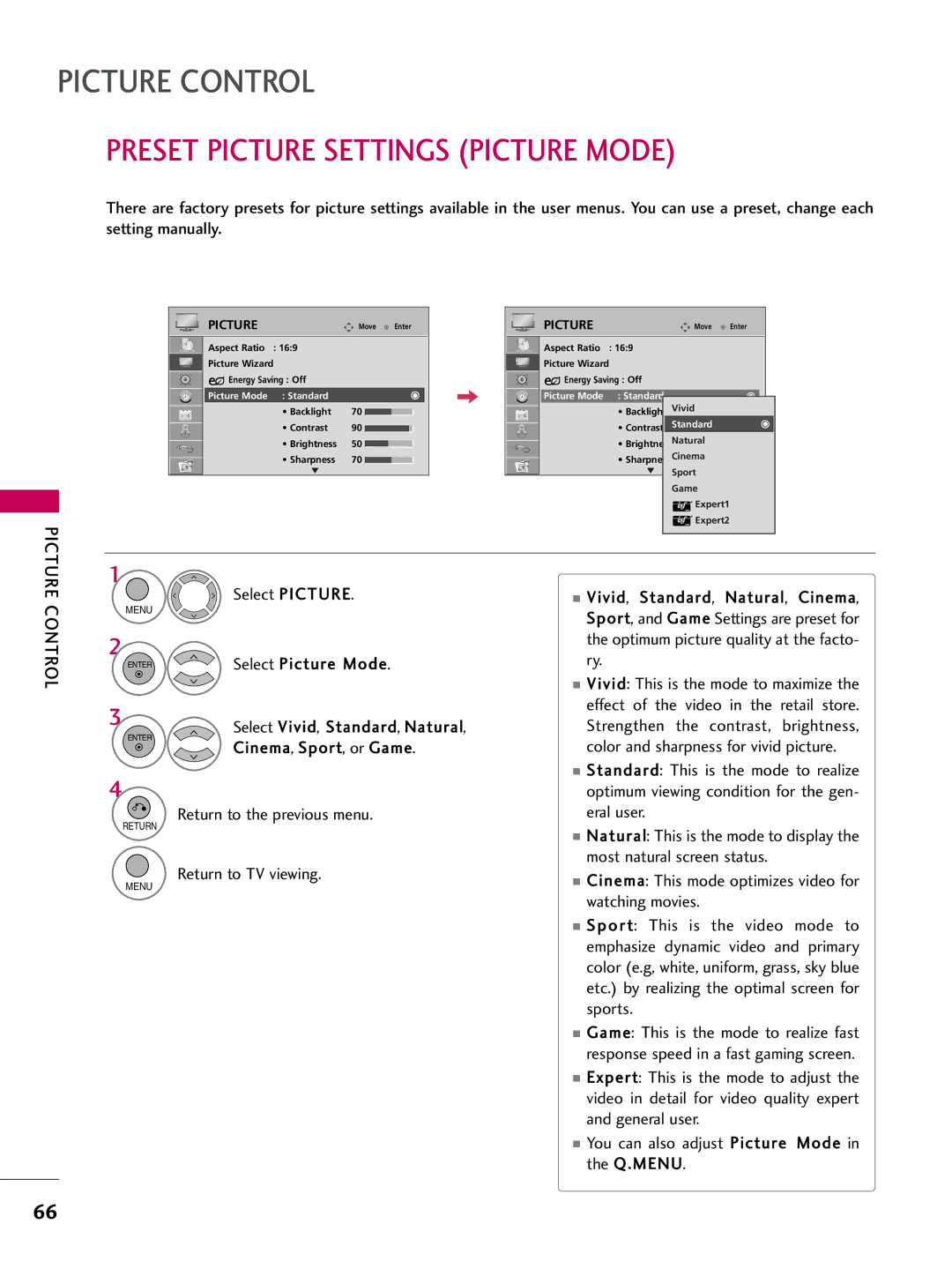 LG Electronics 37LH200C Preset Picture Settings Picture Mode, Picture Control, Select Picture Mode, Cinema, Sport, or Game 