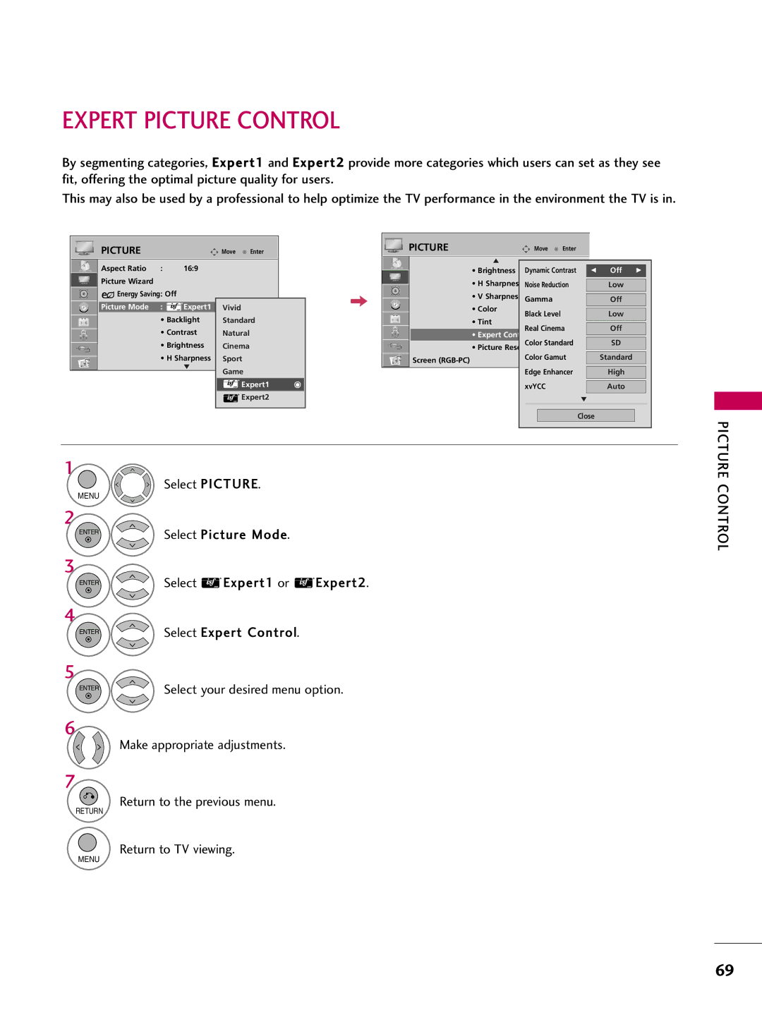 LG Electronics 32LH210C, 42LH300C, 42LH200C, 37LH200C Expert Picture Control, Off, Picture Mode Expert1, Expert Control 