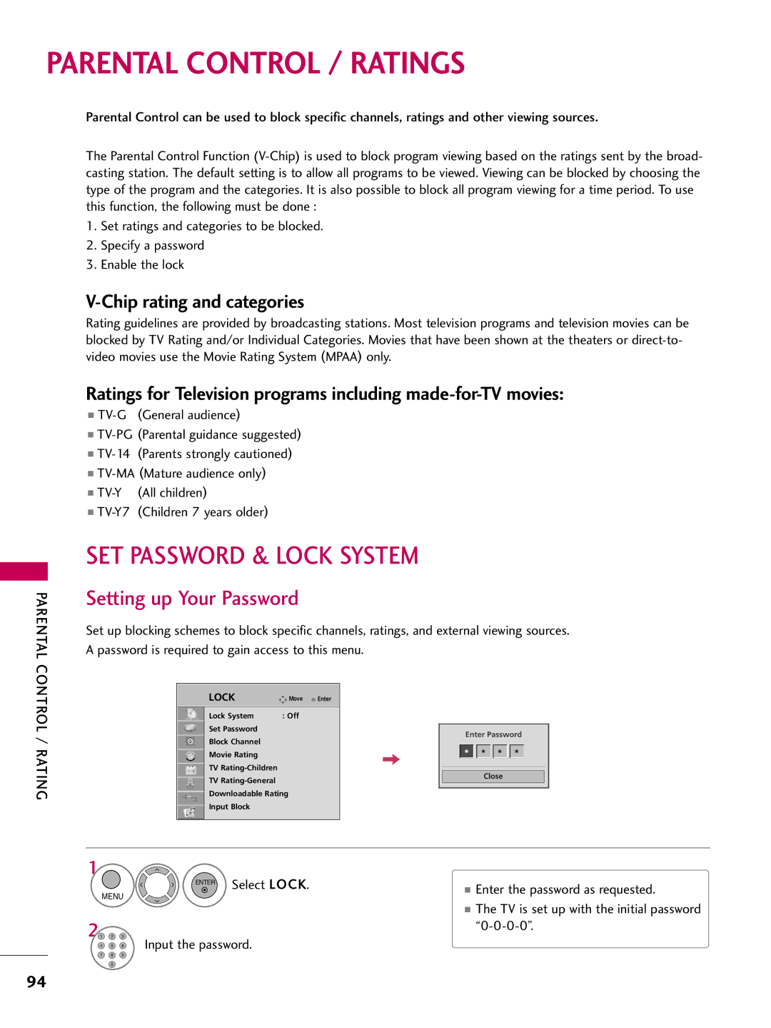 LG Electronics 32LH200C, 42LH300C Parental Control / Ratings, SET Password & Lock System, Setting up Your Password 