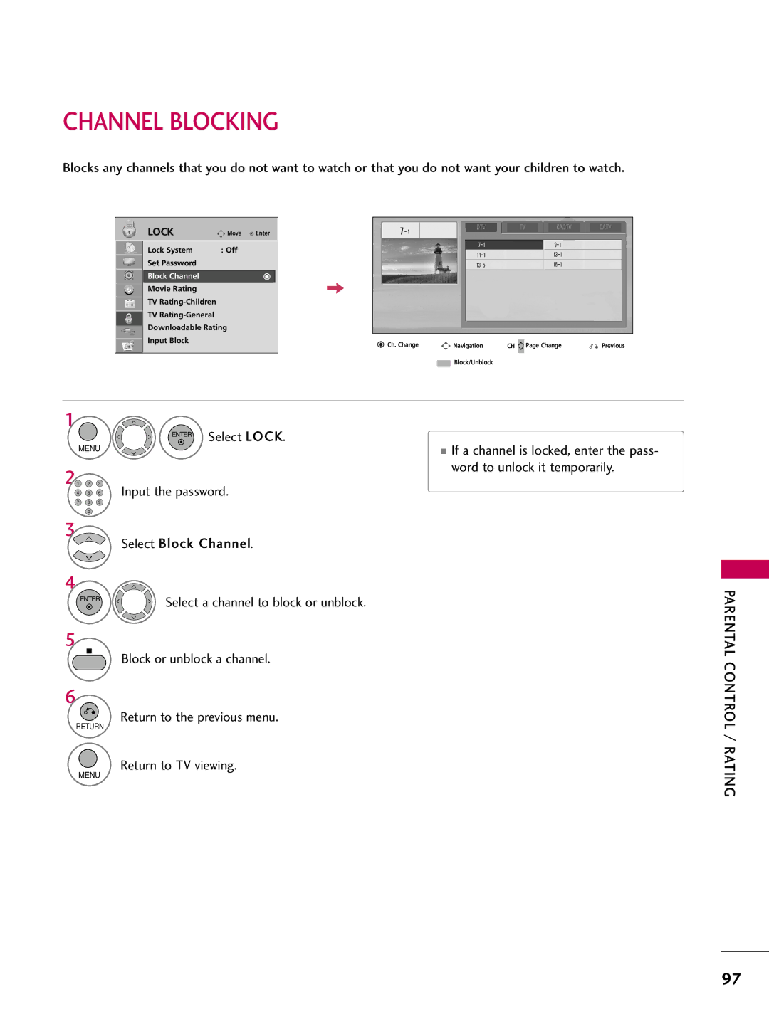 LG Electronics 42LH200C, 42LH300C, 37LH200C, 26LH200C Channel Blocking, Word to unlock it temporarily, Block Channel 