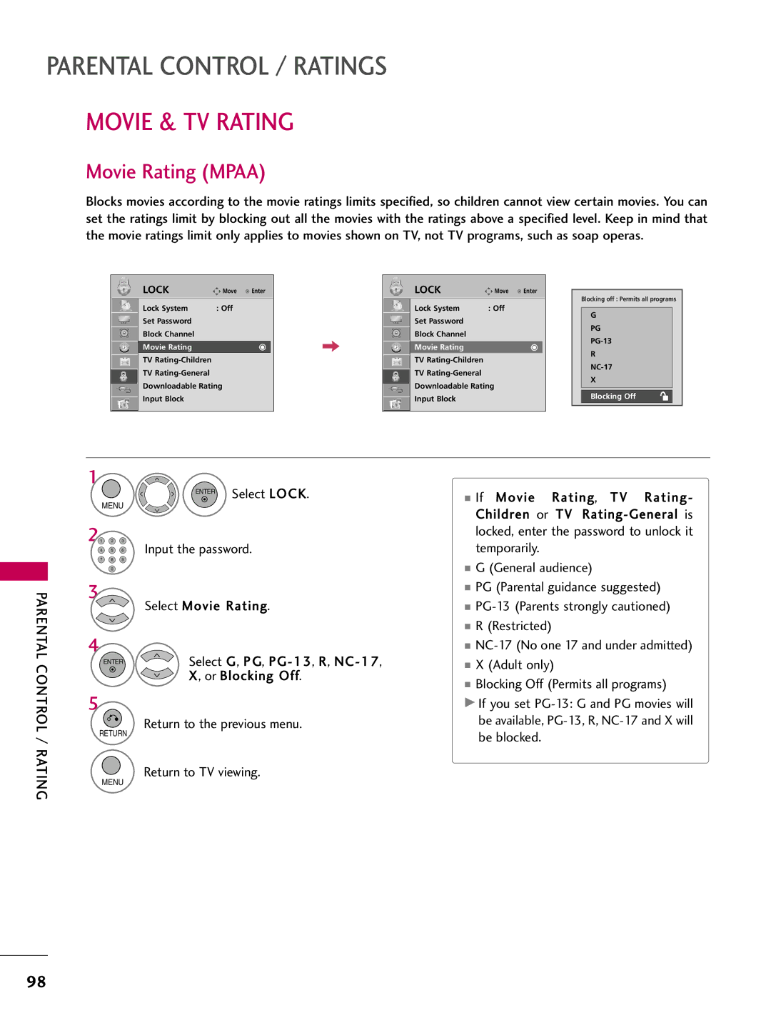 LG Electronics 37LH200C, 42LH300C, 42LH200C, 26LH200C, 26LH210C, 32LH210C Movie & TV Rating, Movie Rating Mpaa, Blocking Off 