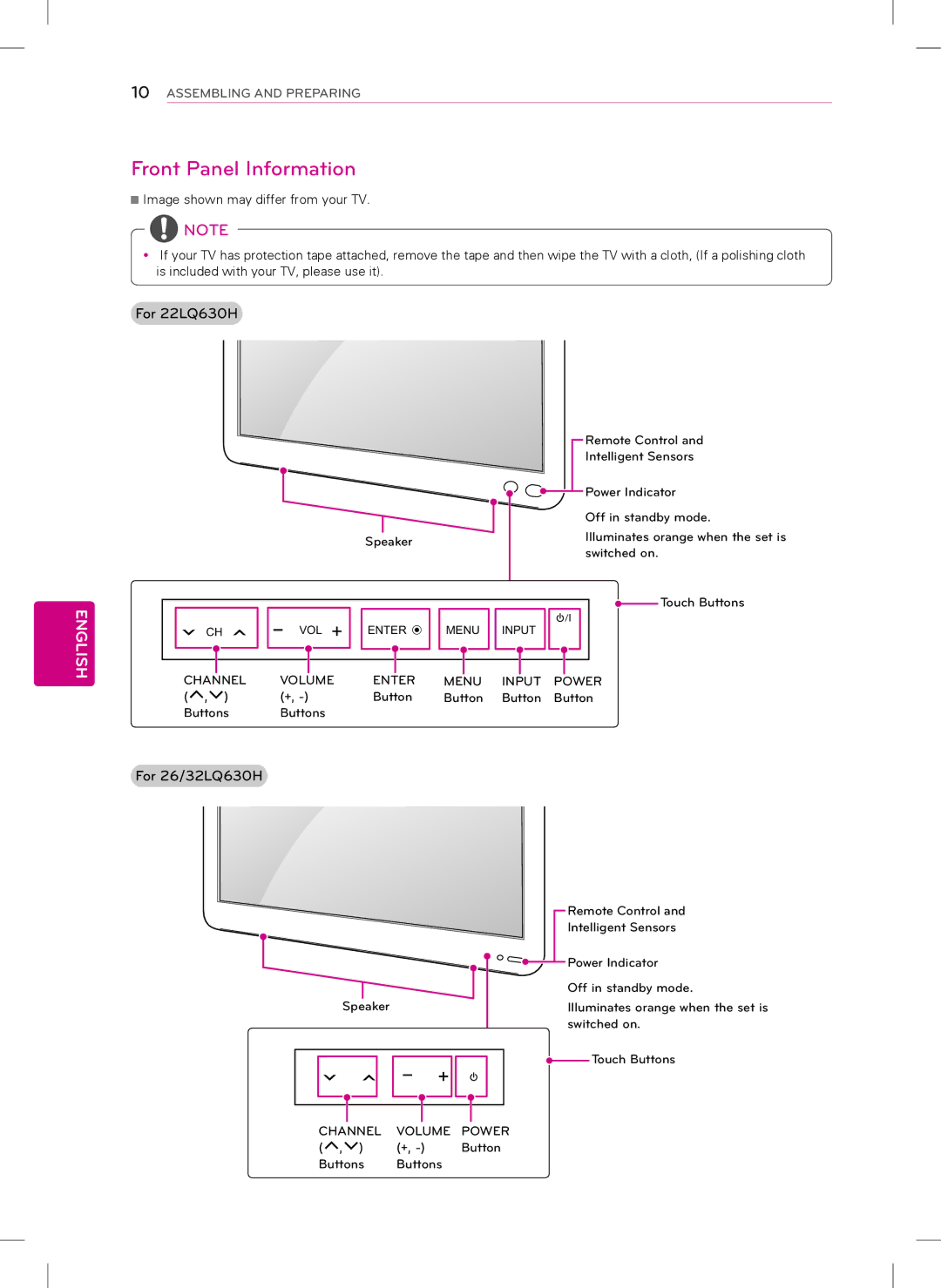 LG Electronics 42LQ640H manual Front Panel Information, For 22LQ630H, For 26/32LQ630H 