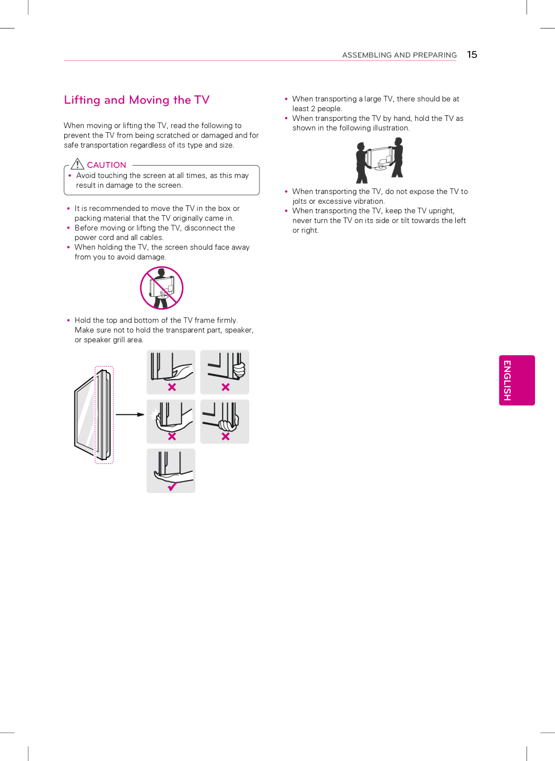 LG Electronics 42LQ640H manual Lifting and Moving the TV 