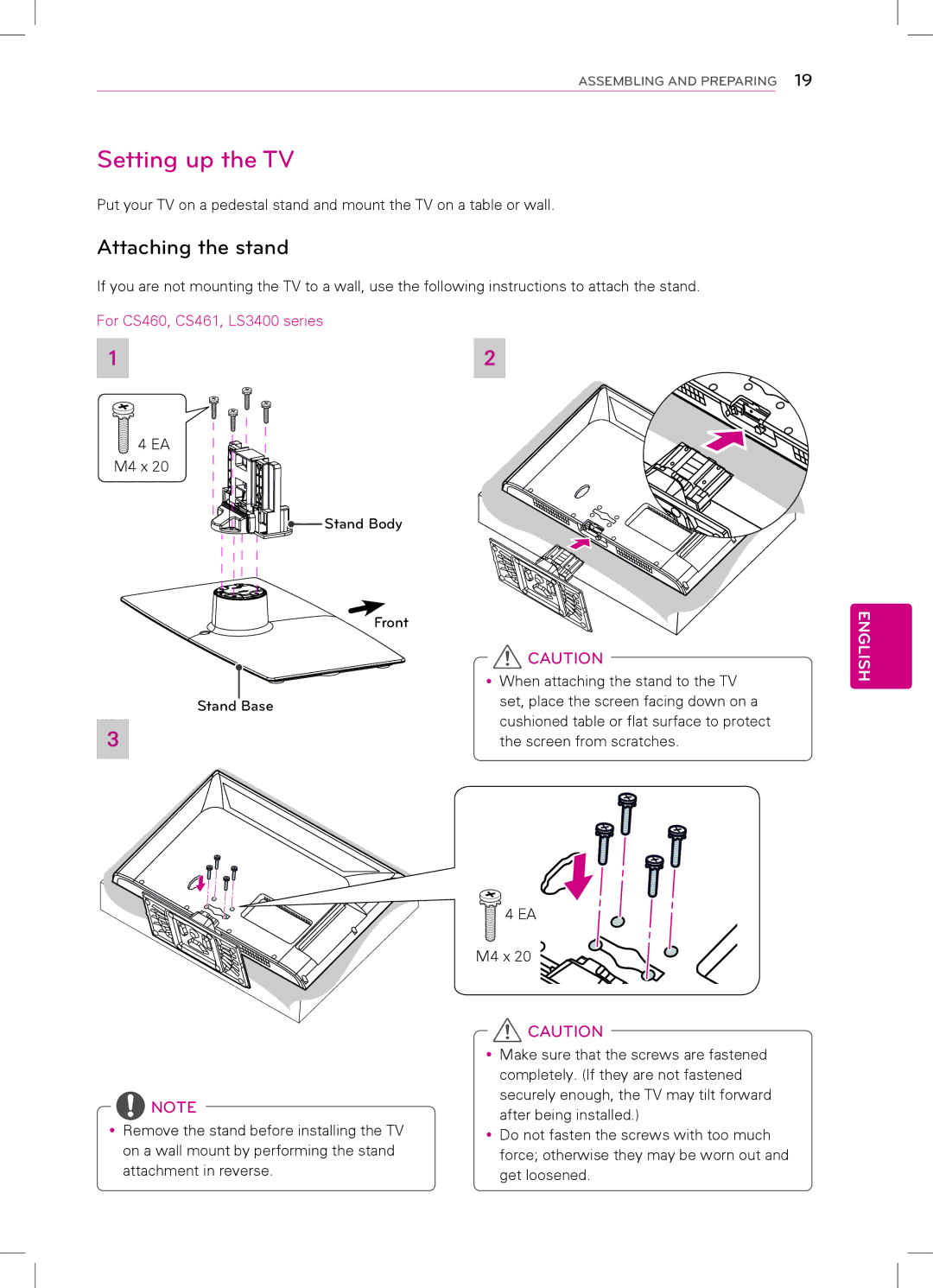 LG Electronics 26LS3500, 42LS3400, 42LS3450, 32LS3500, 32LS3510, 22LS3500, 22LS3510 Setting up the TV, Attaching the stand 