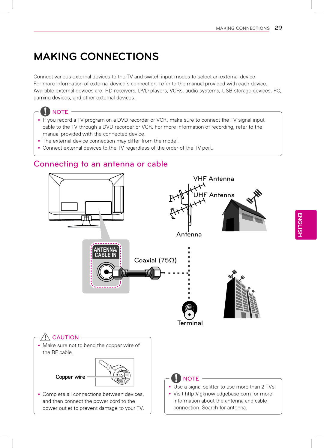 LG Electronics 32LS3510, 42LS3400, 42LS3450, 32LS3500 Making Connections, Connecting to an antenna or cable, Copper wire 