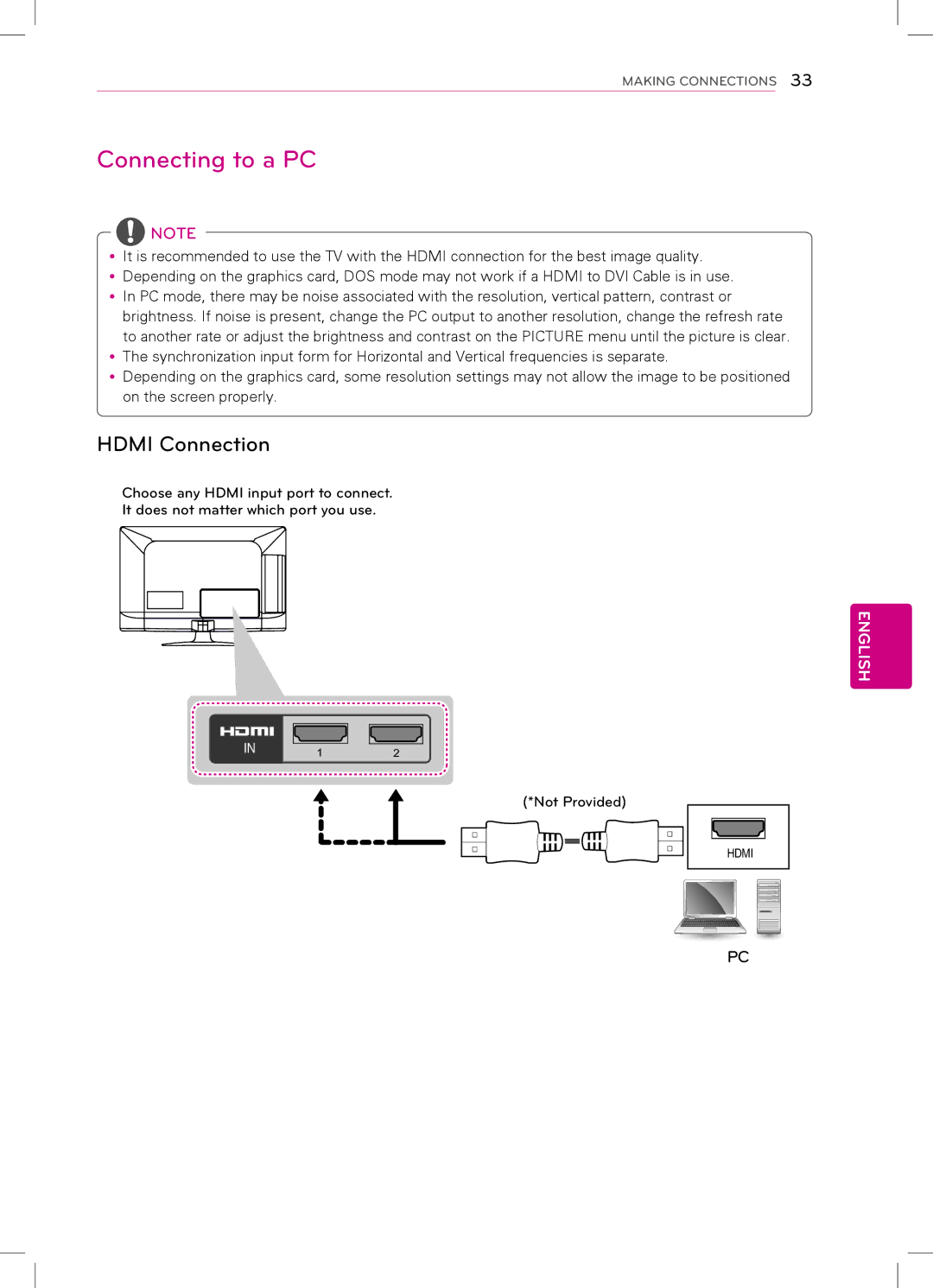 LG Electronics 26LS3510, 42LS3400, 42LS3450, 32LS3500, 32LS3510, 22LS3500, 22LS3510, 32CS460 Connecting to a PC, Hdmi Connection 