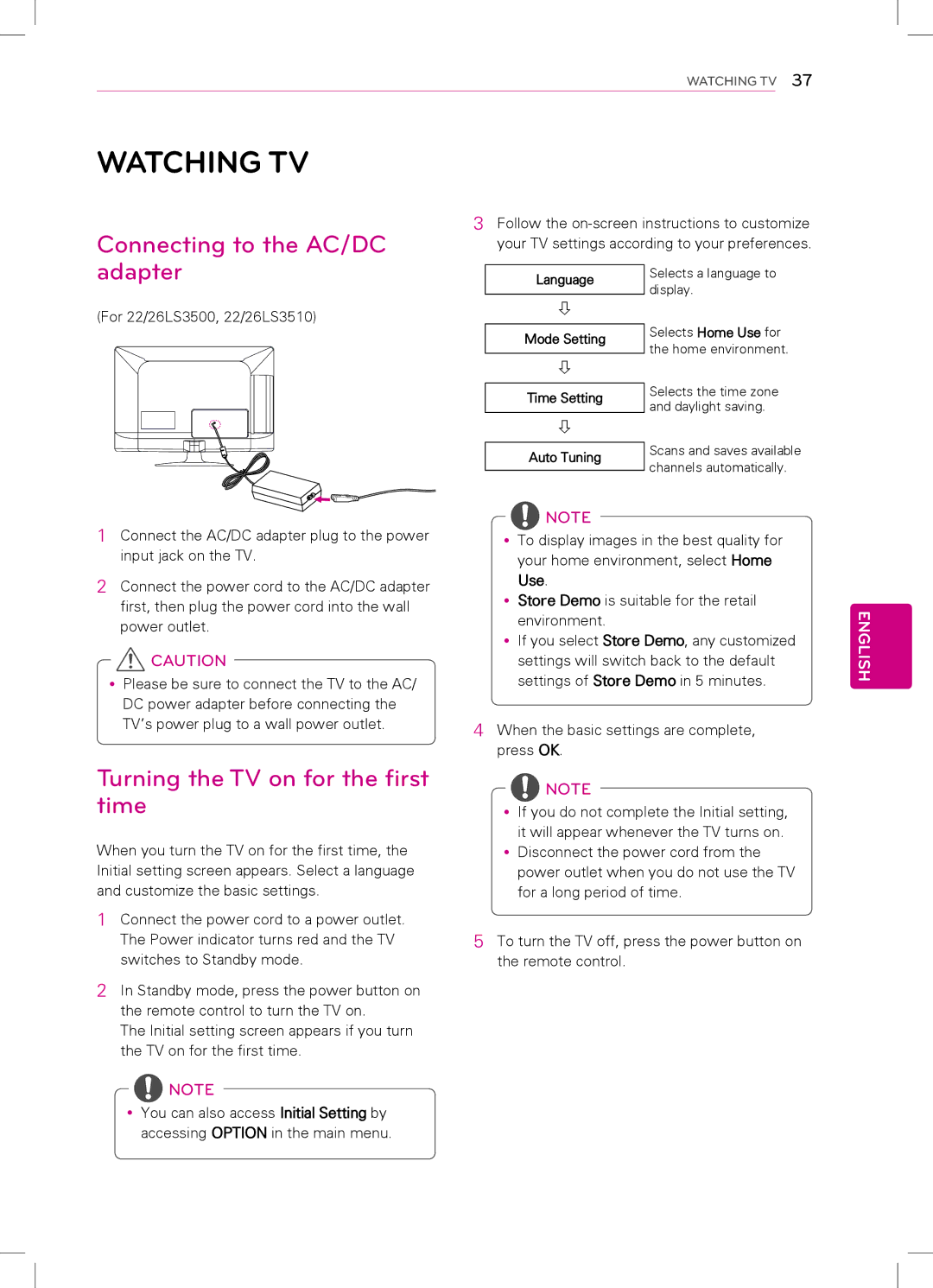 LG Electronics 32LS3400, 42LS3400 Watching TV, Connecting to the AC/DC adapter, Turning the TV on for the first Time, Use 