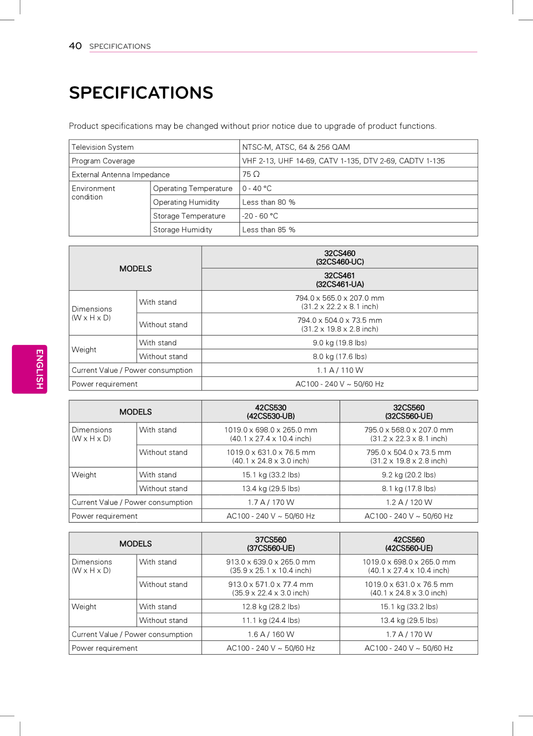 LG Electronics 42LS3450, 42LS3400, 32LS3500, 32LS3510, 22LS3500, 22LS3510, 26LS3500, 26LS3510, 32CS460 Specifications, Models 