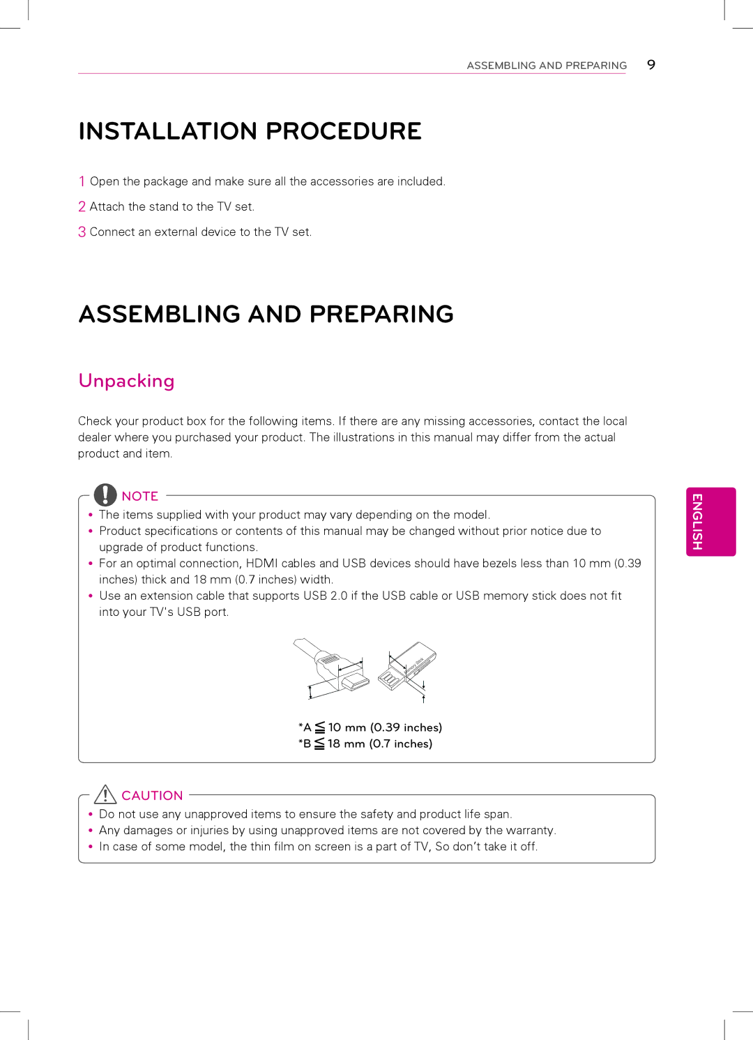 LG Electronics 32CS560, 42LS3400, 42LS3450, 32LS3500, 32LS3510 Installation Procedure, Assembling and Preparing, Unpacking 