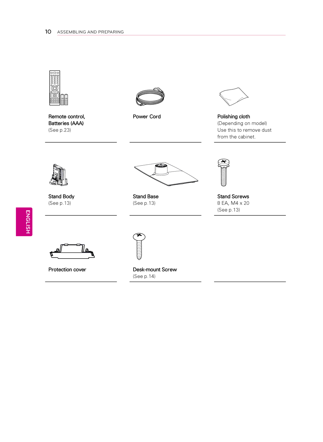 LG Electronics 42LS349C, 32LS349C owner manual Protection cover Desk-mount Screw See p.14 