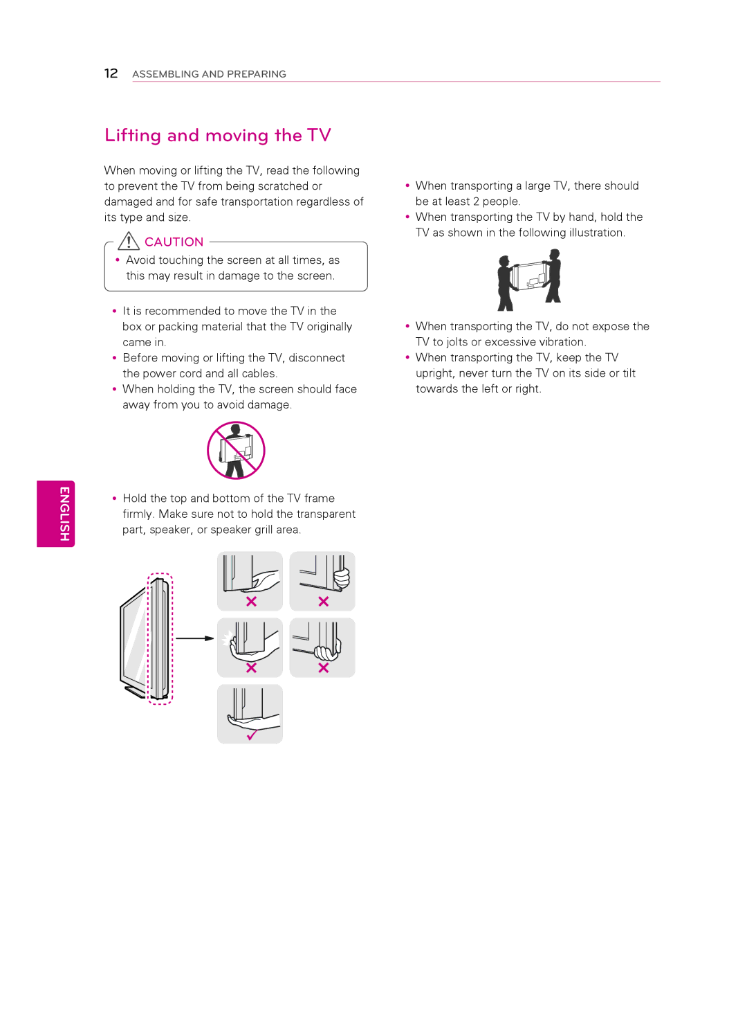 LG Electronics 42LS349C, 32LS349C owner manual Lifting and moving the TV 