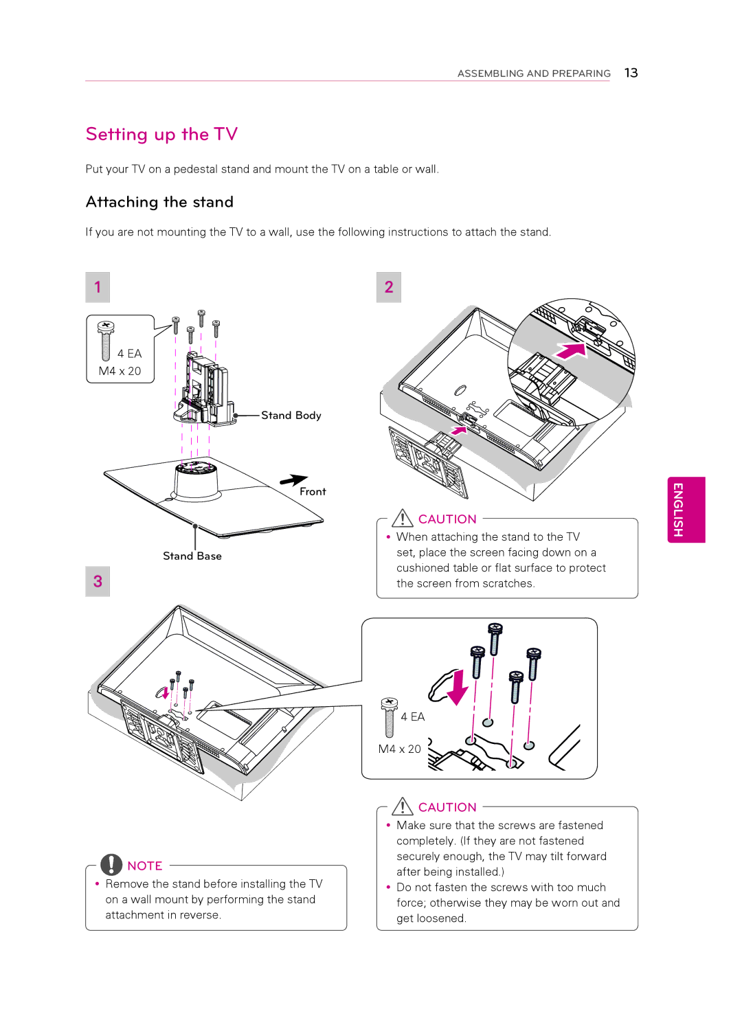 LG Electronics 32LS349C, 42LS349C owner manual Setting up the TV, Attaching the stand 