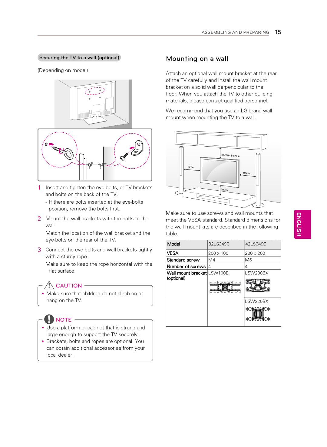 LG Electronics 32LS349C, 42LS349C Mounting on a wall, Model, Standard screw, Wall mount bracket LSW100B, Optional 