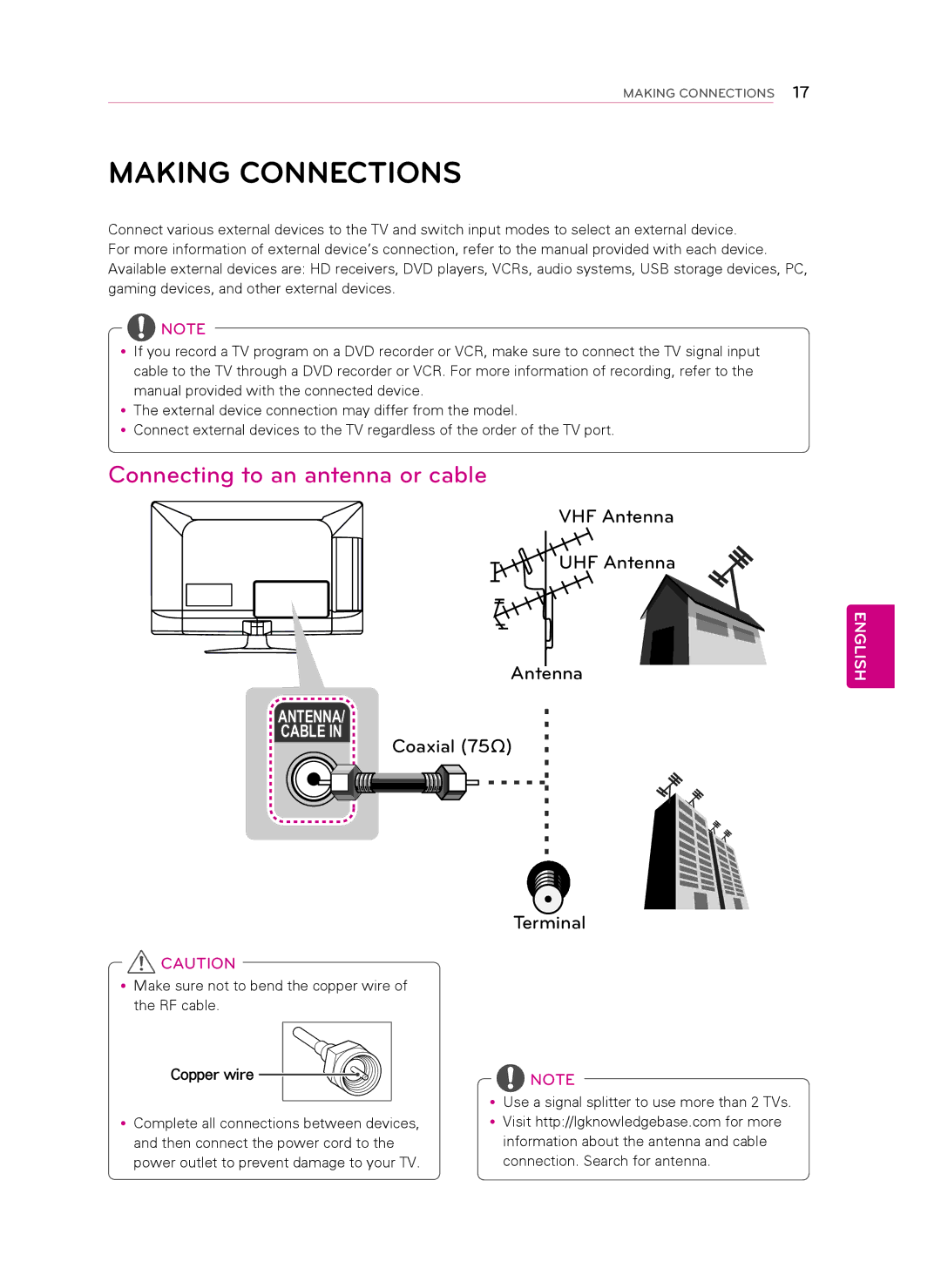 LG Electronics 32LS349C, 42LS349C owner manual Making Connections, Connecting to an antenna or cable, Copper wire 