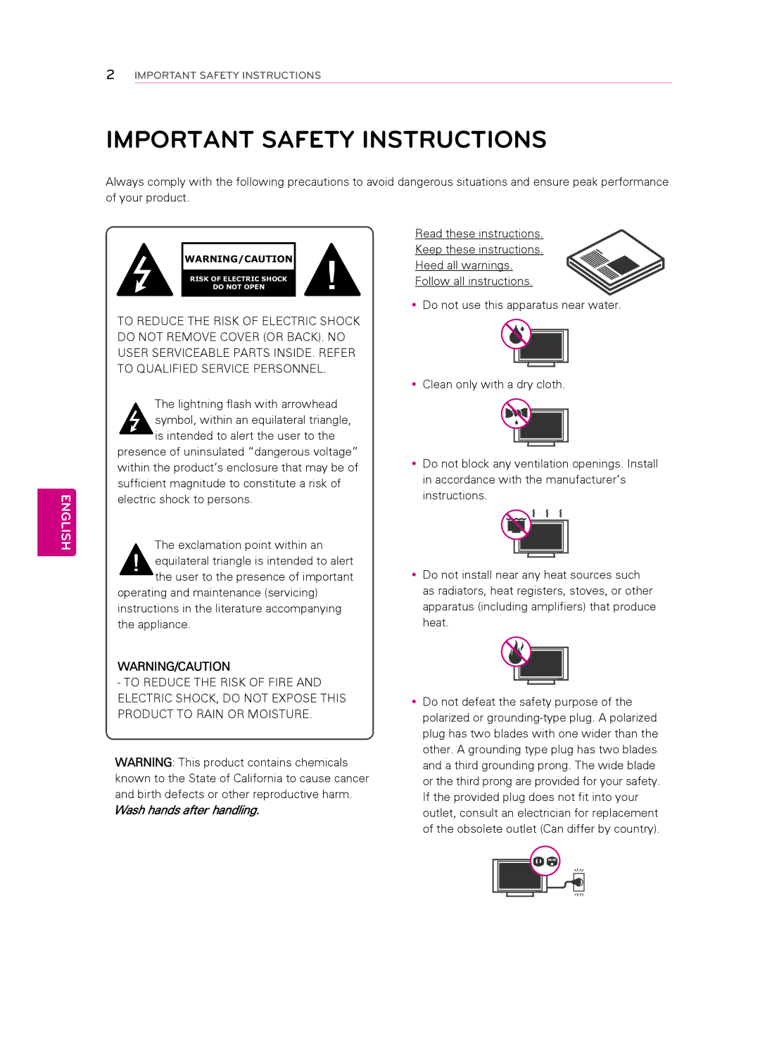 LG Electronics 42LS349C, 32LS349C owner manual Important Safety Instructions, English 