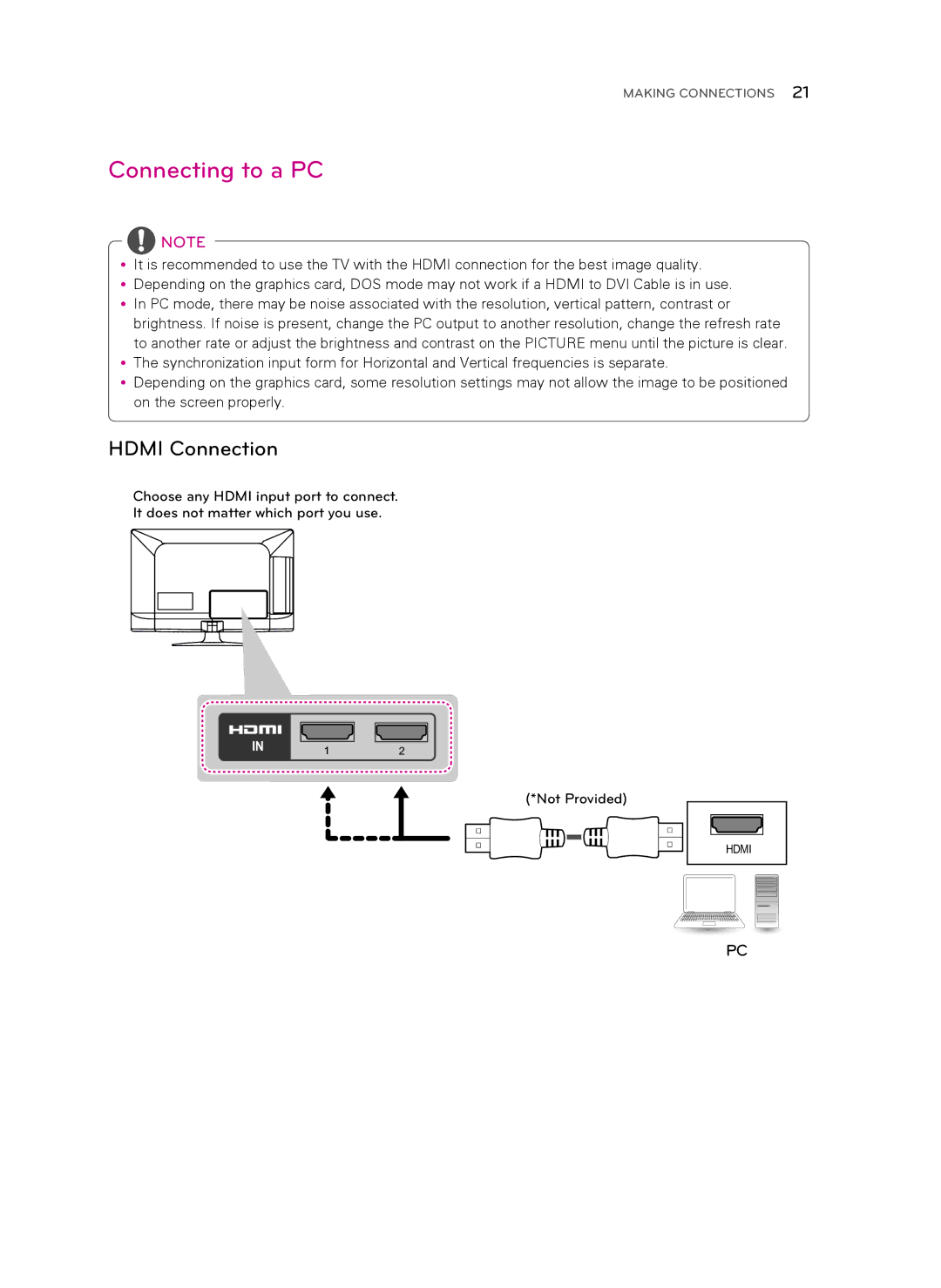 LG Electronics 32LS349C, 42LS349C owner manual Connecting to a PC, Hdmi Connection 