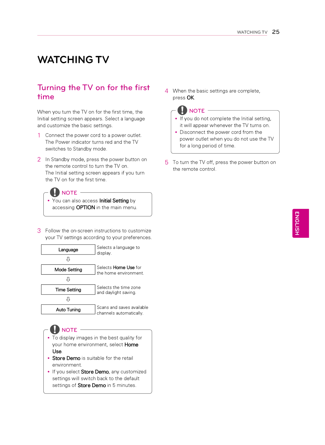 LG Electronics 32LS349C Watching TV, Turning the TV on for the first time, Language Mode Setting Time Setting Auto Tuning 