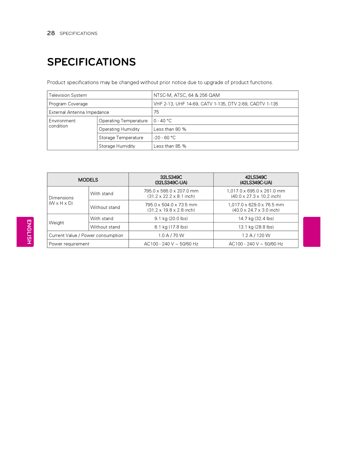 LG Electronics owner manual Specifications, 32LS349C 42LS349C 