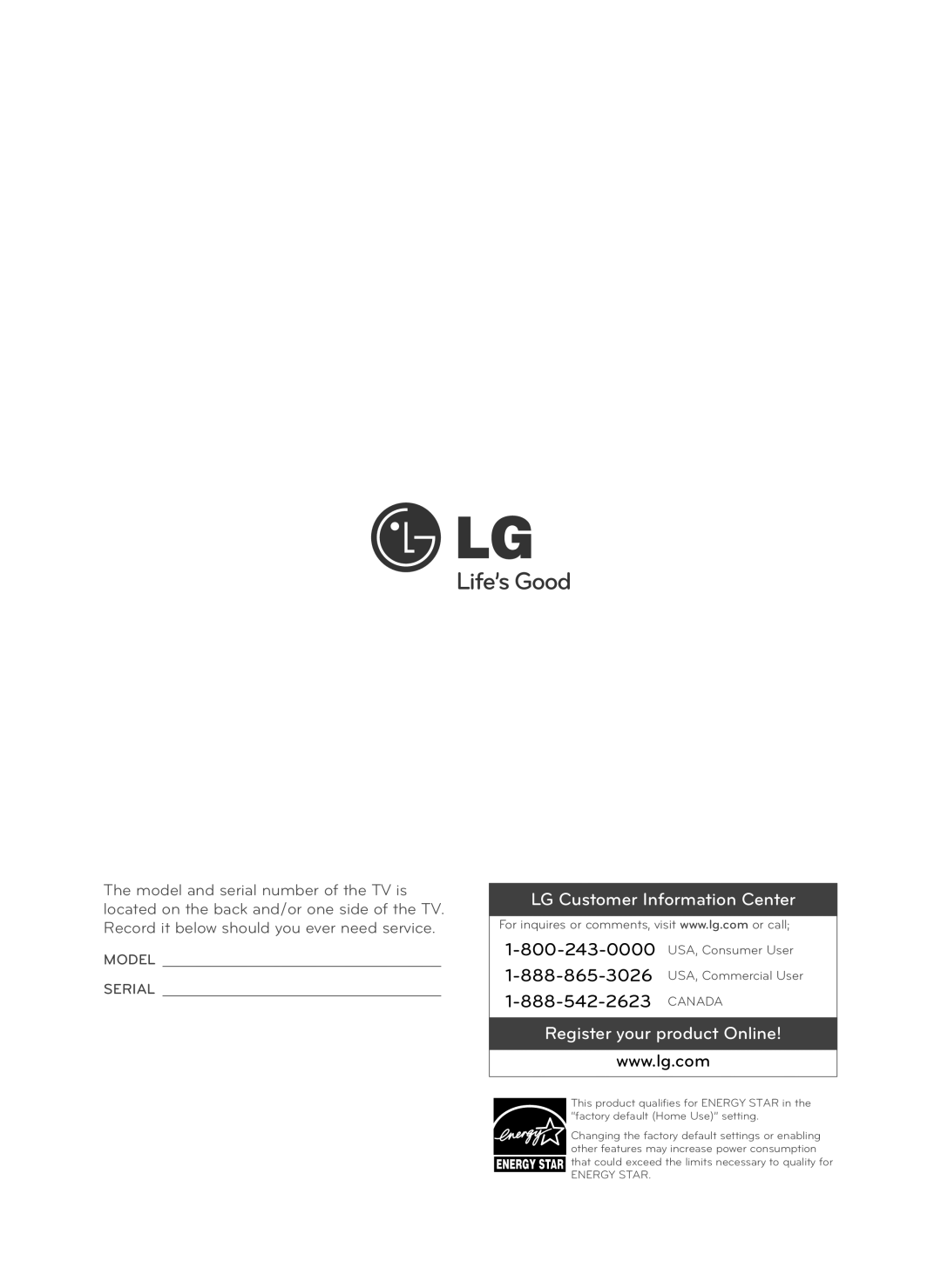 LG Electronics 42LS349C, 32LS349C owner manual LG Customer Information Center 